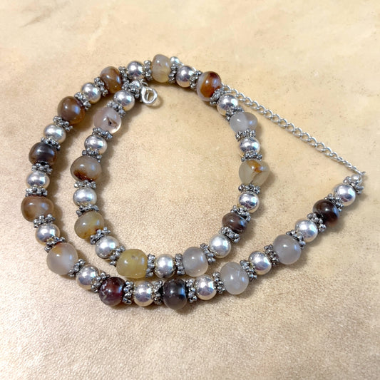 Vintage Carnelian & Agate Beaded Adjustable Silver Tone Necklace