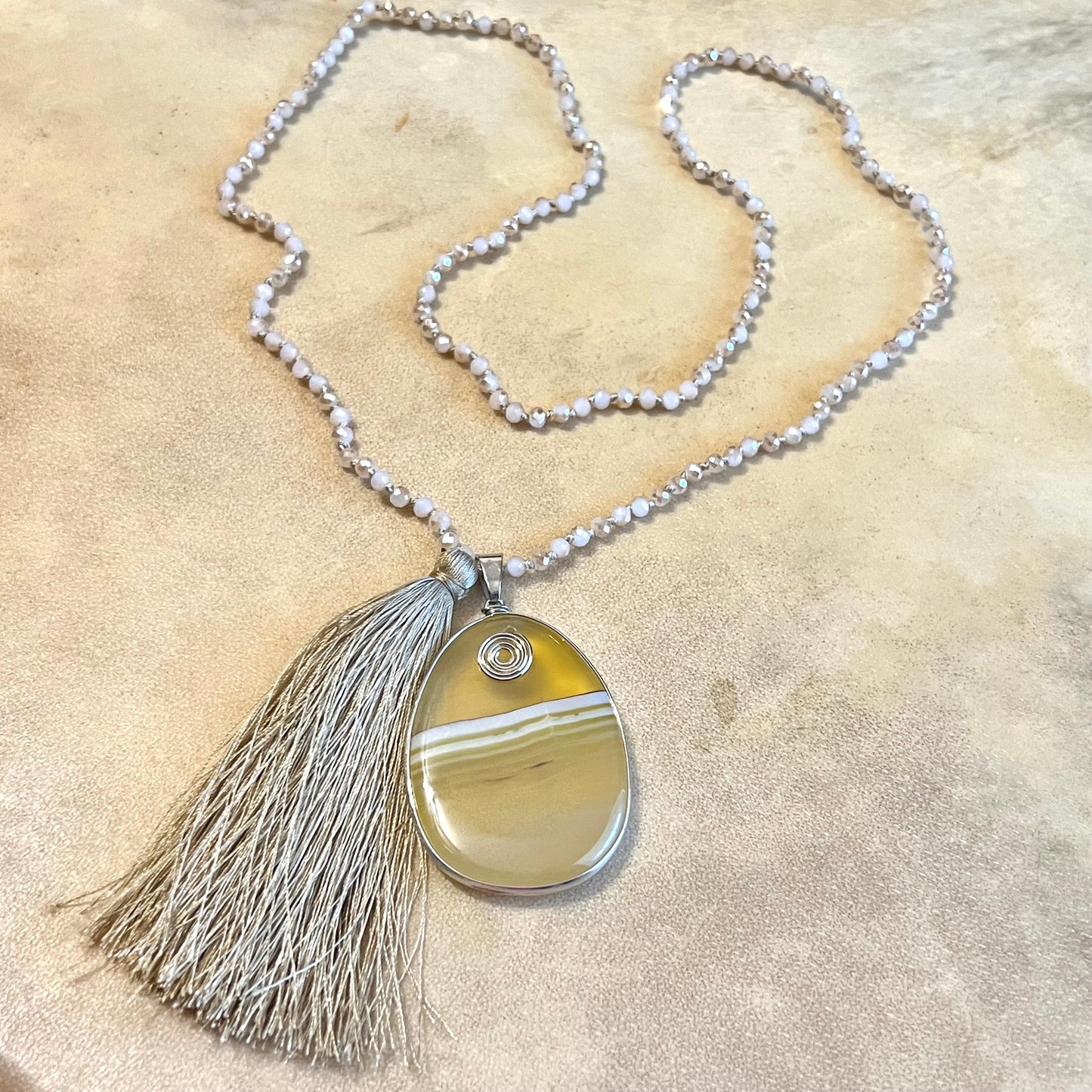 Yellow Agate Faceted Glass Beaded Necklace with Gold Tassel
