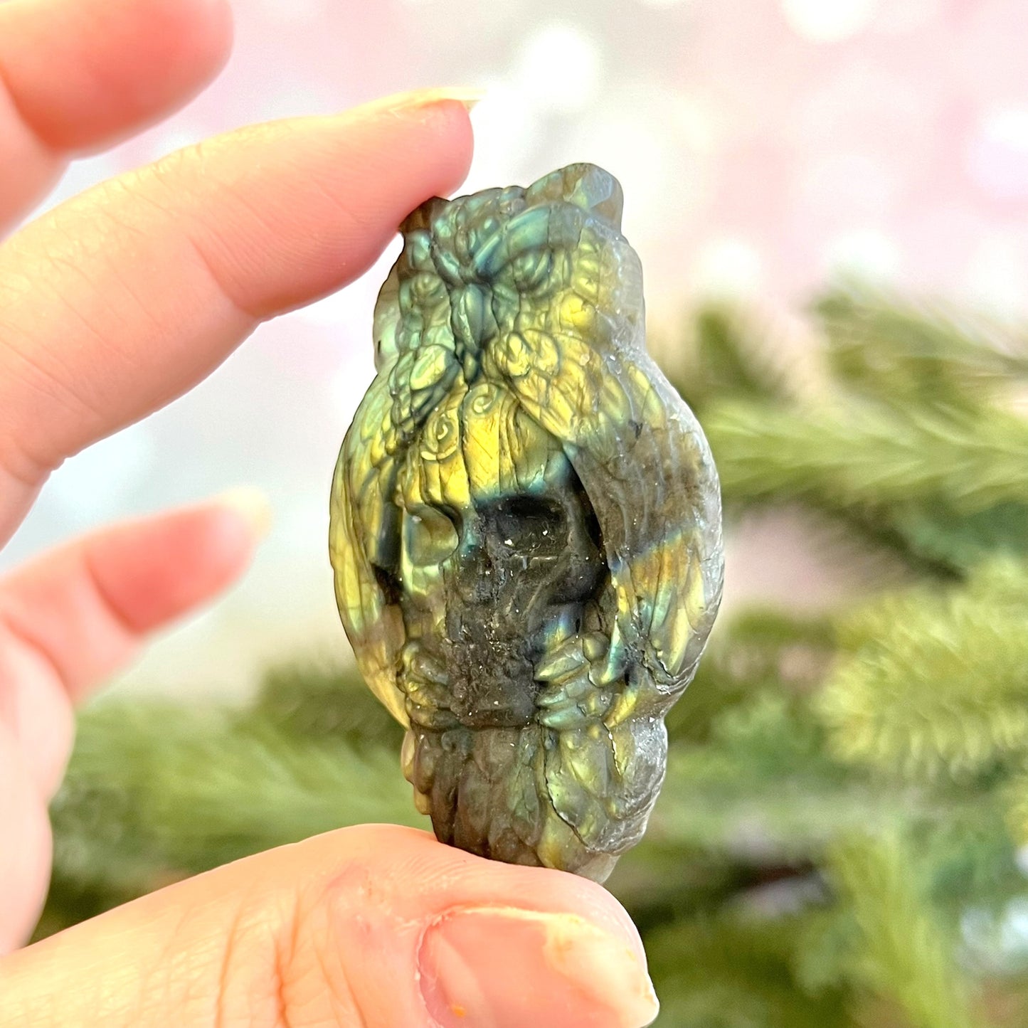 Labradorite Skull & Owl Carved Cabochon
