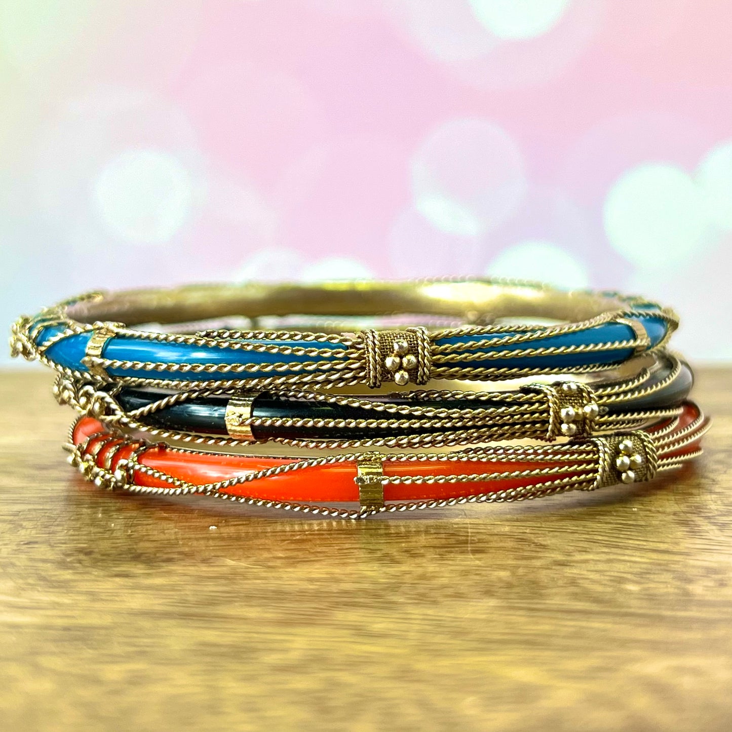 Vintage Colorful Bracelet Stack in Gold Tone with 3 Bangles