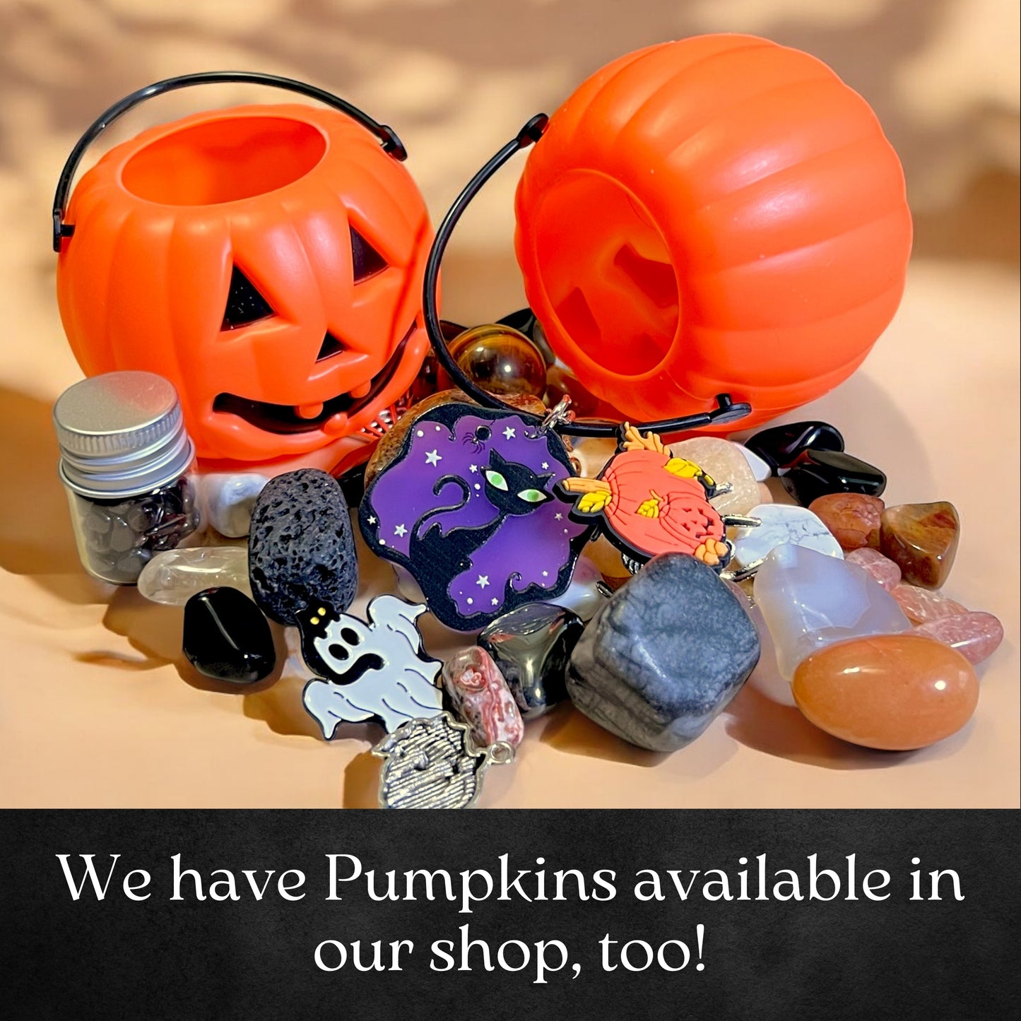 Mini Cauldron Stuffed with Tumbled Crystals & Witchy Halloween Goodies