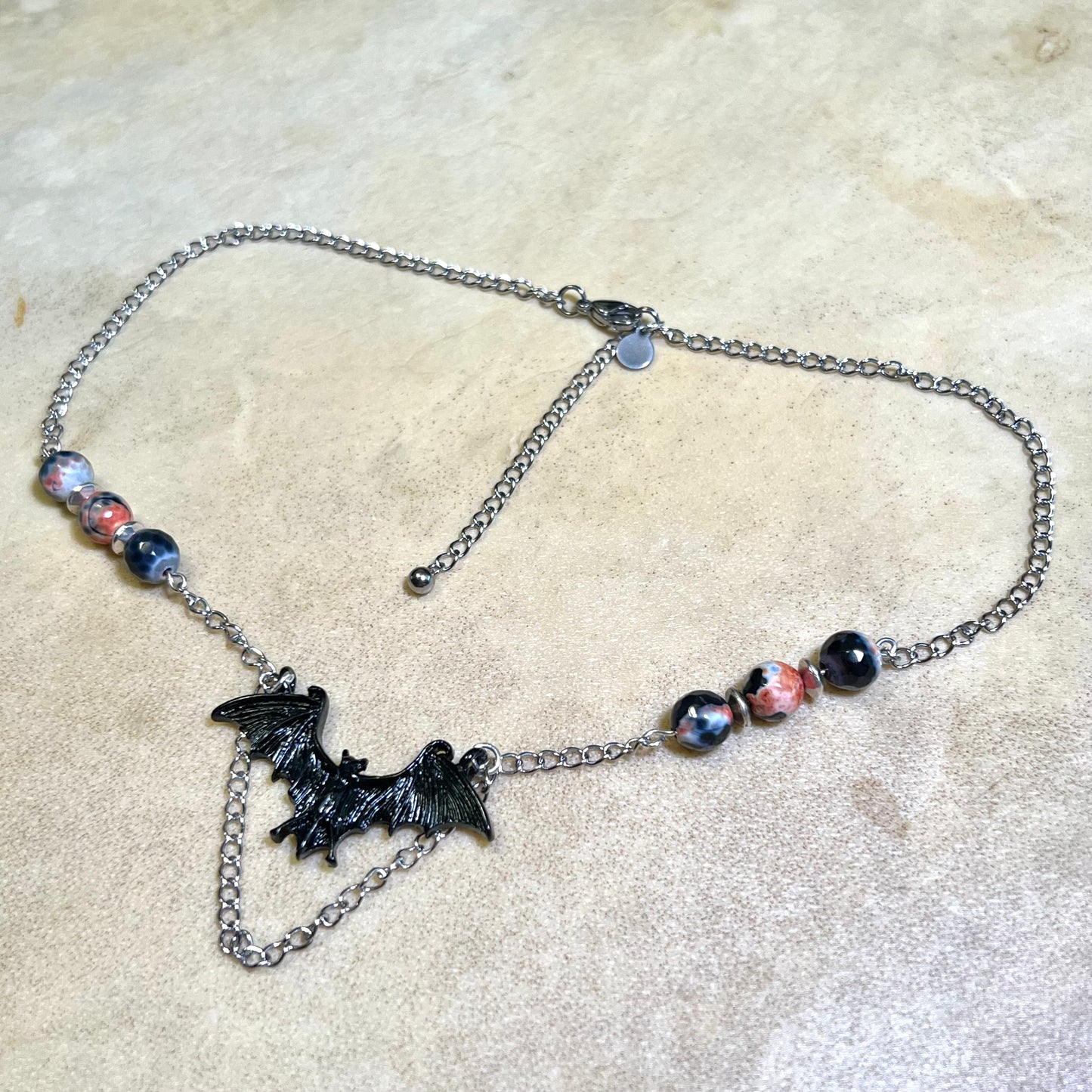 Gothic Bat Black & Orange Agate Silver Tone Handmade Necklace