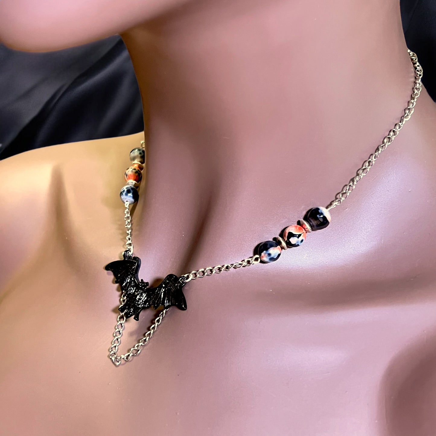 Gothic Bat Black & Orange Agate Silver Tone Handmade Necklace