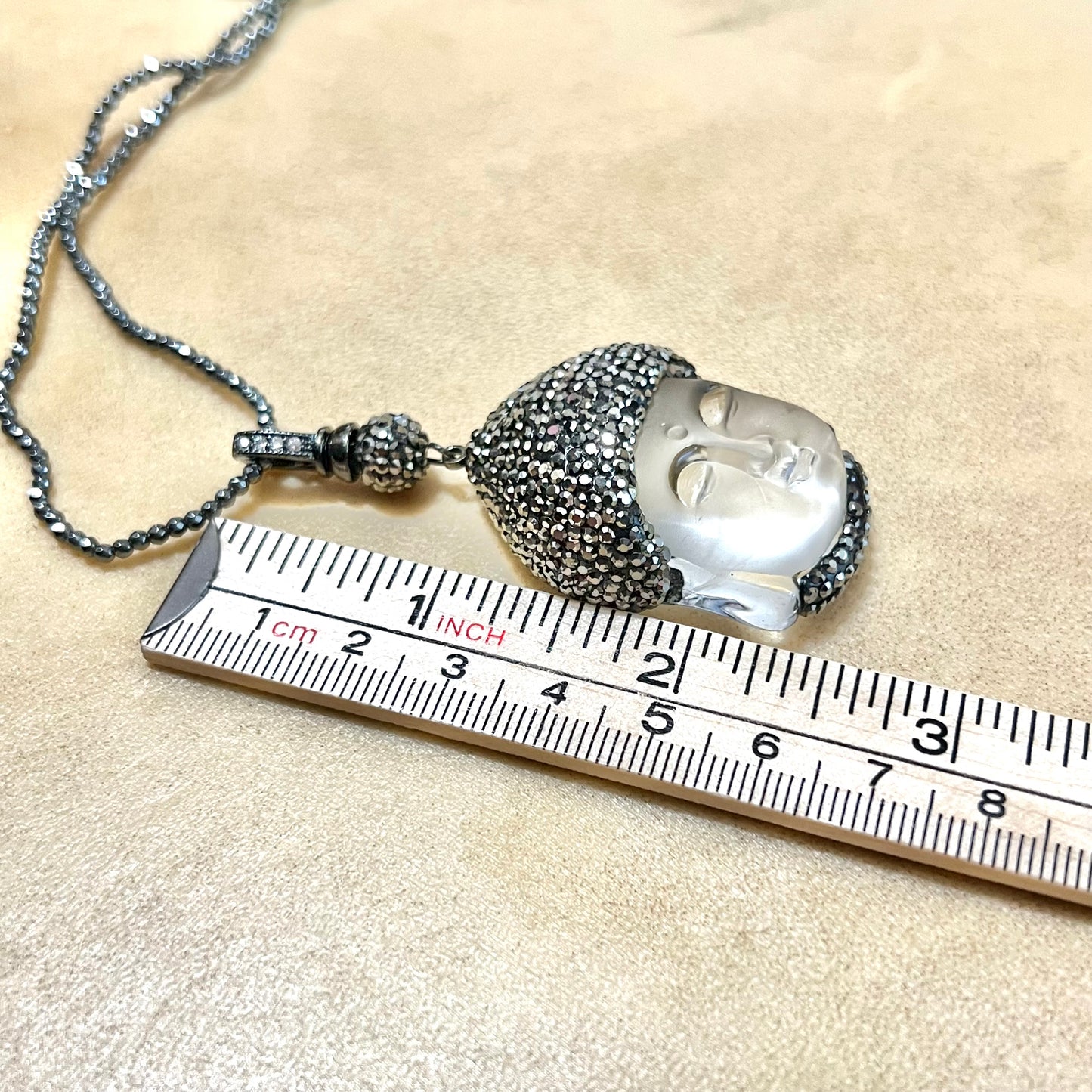 Clear Buddha Head Pave Pendant on Beaded Cord with Sterling Silver Clasp