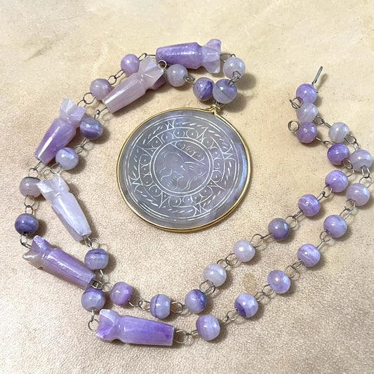 Purple Calcite Onyx Vintage Necklace with Aztec Carvings