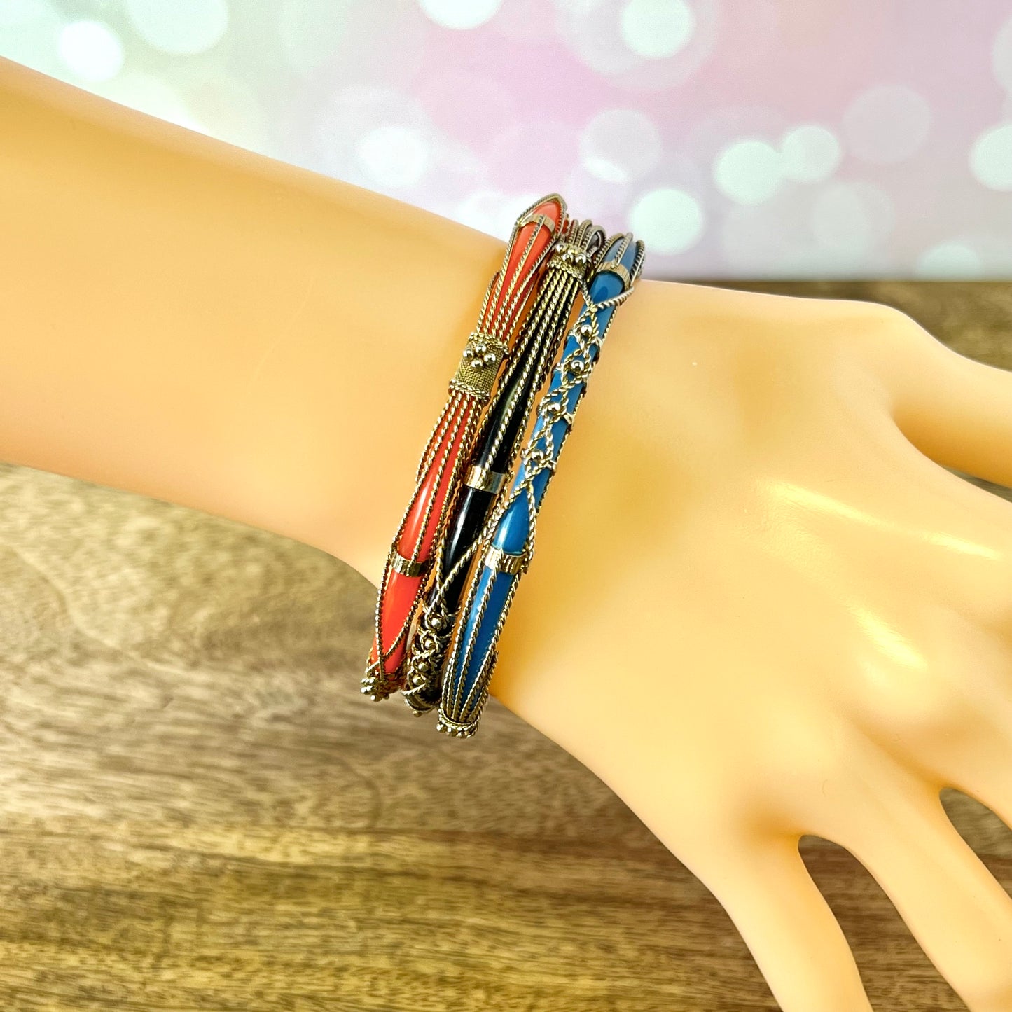 Vintage Colorful Bracelet Stack in Gold Tone with 3 Bangles