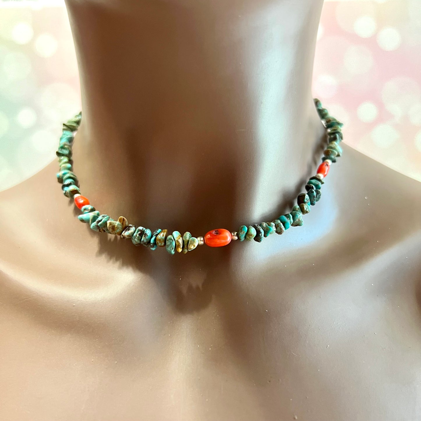 Turquoise Chip & Coral Vintage Beaded Sterling Silver Necklace