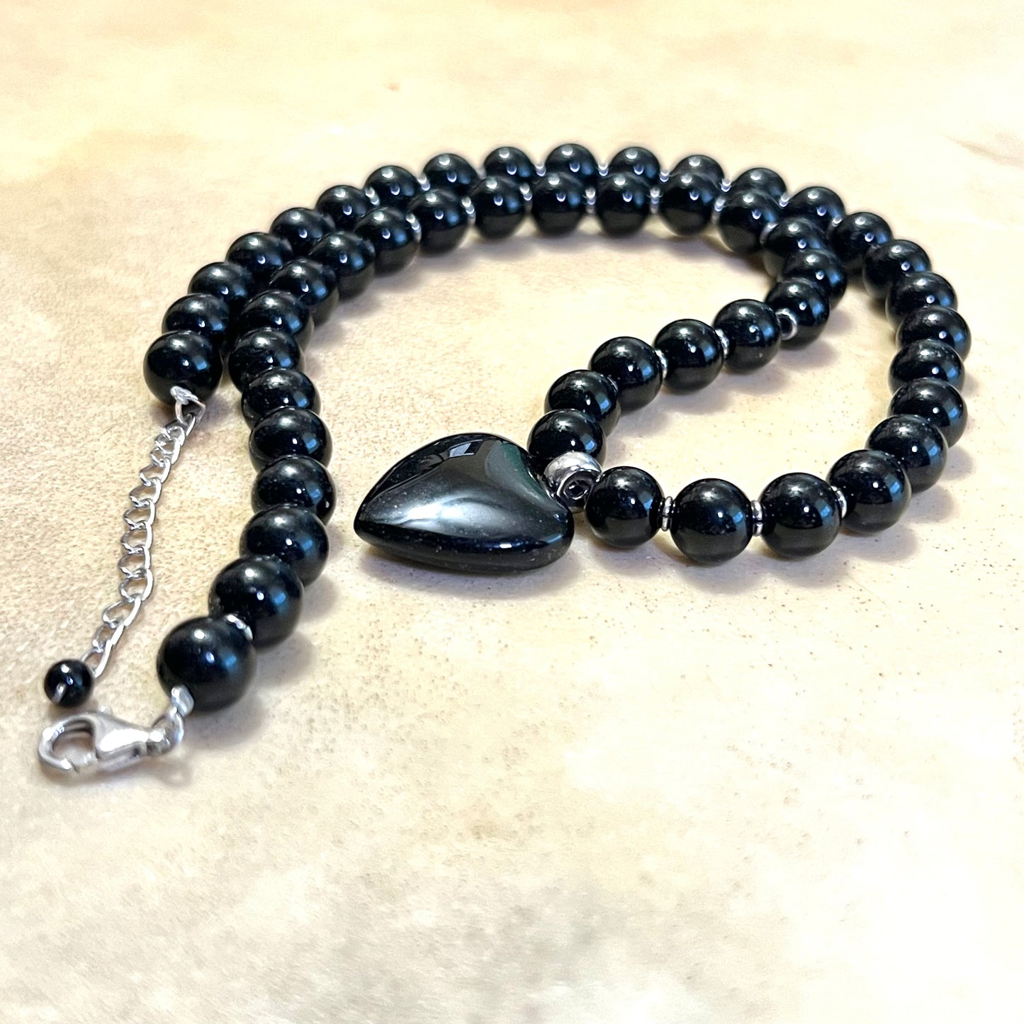 Black Stone Vintage Sterling Silver Beaded Necklace with Heart Pendant