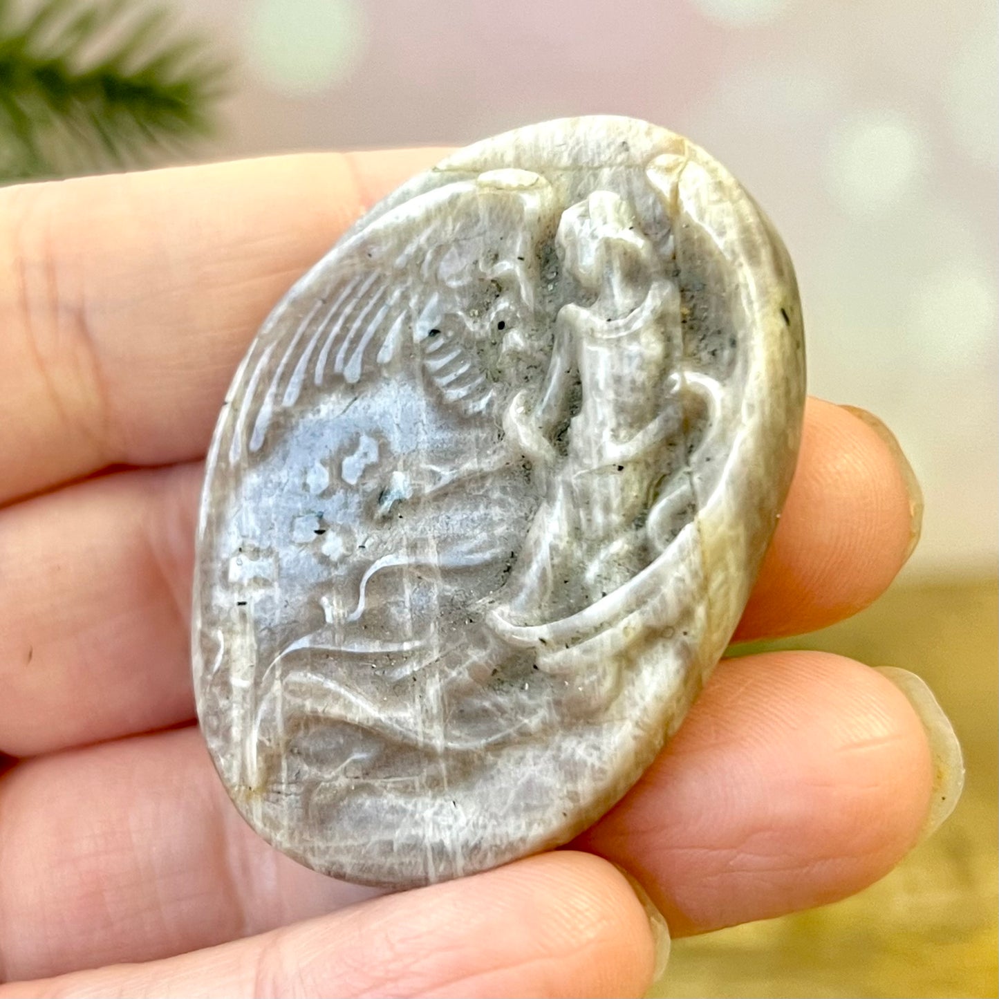 Angel In Flight Belomorite Sunstone in Moonstone Crystal Carved Cabochon