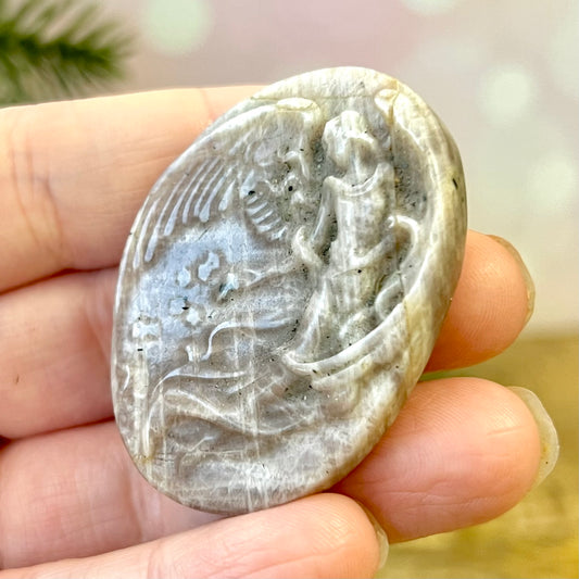 Angel In Flight Belomorite Sunstone in Moonstone Crystal Carved Cabochon