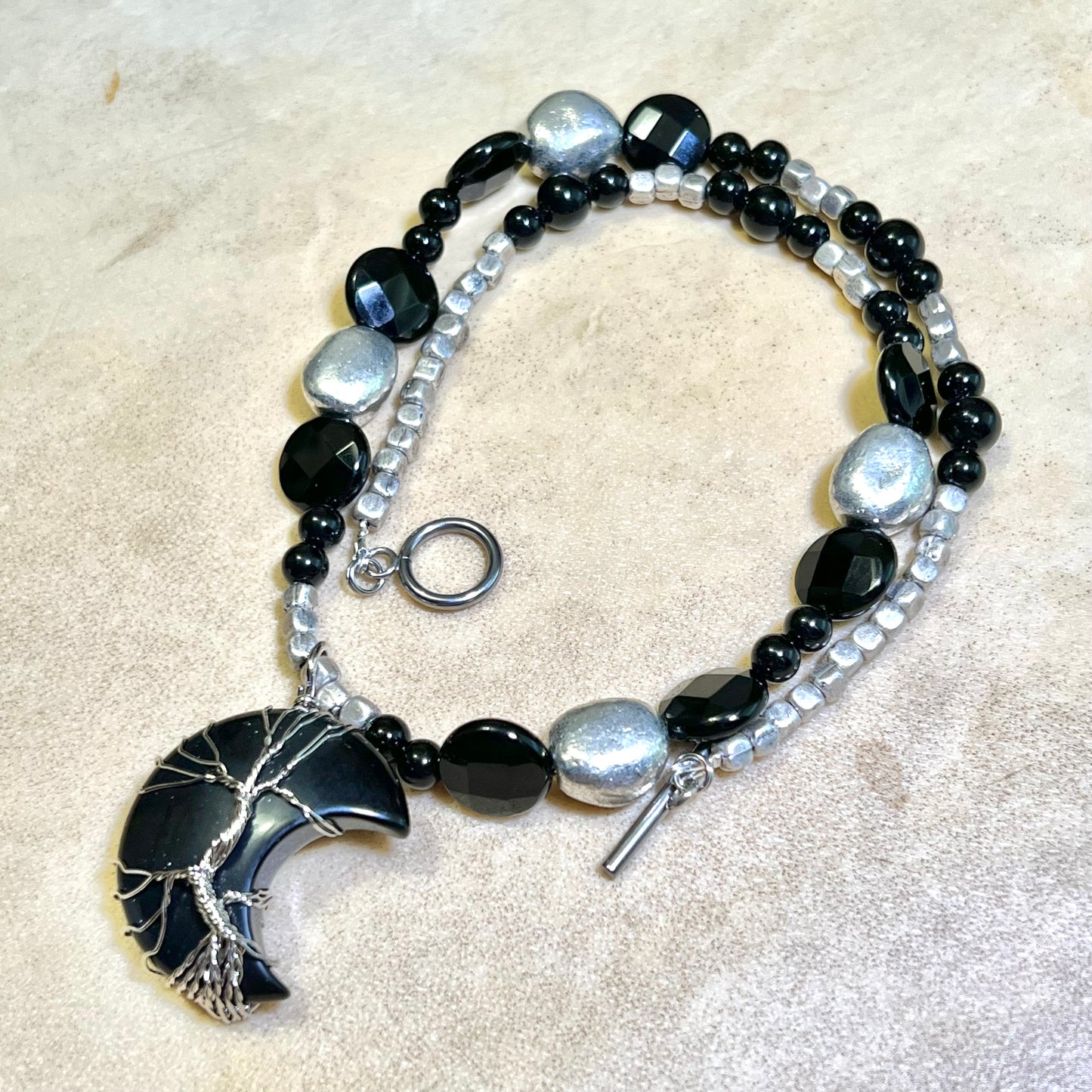 Dark Tree of Life Crescent Moon Handmade Necklace