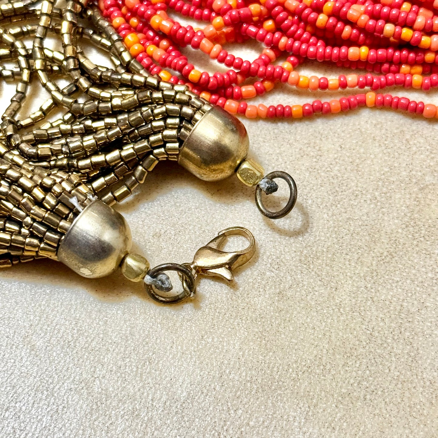 Cascading Red & Bronze Seed Bead Boho Multi-Strand Necklace