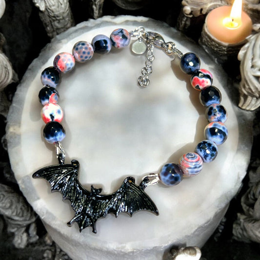 Gothic Bat Black & Orange Agate Silver Tone Handmade Bracelet