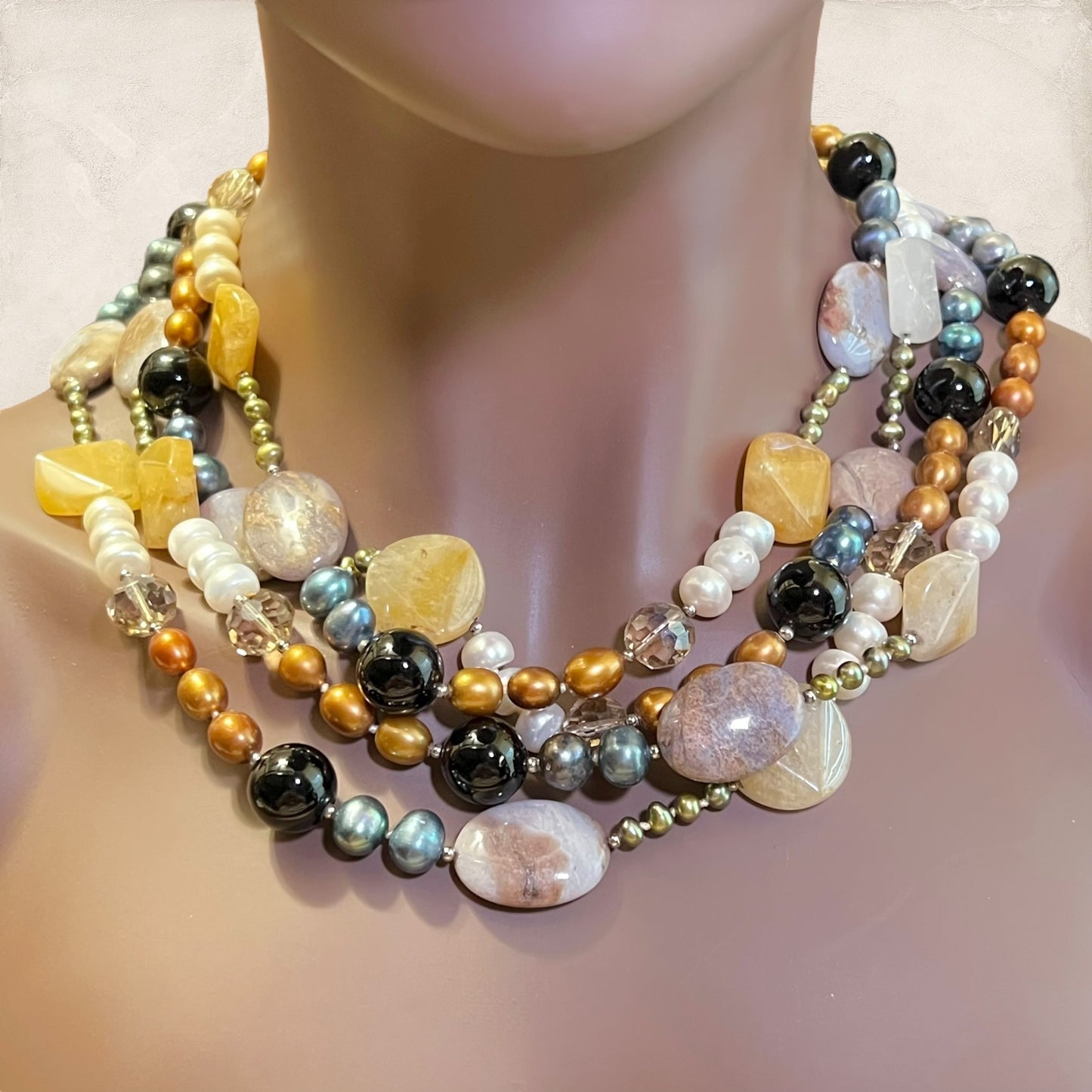 Vintage Colorful Pearl & Agate Gemstone Beaded Necklace with Sterling Silver Clasp