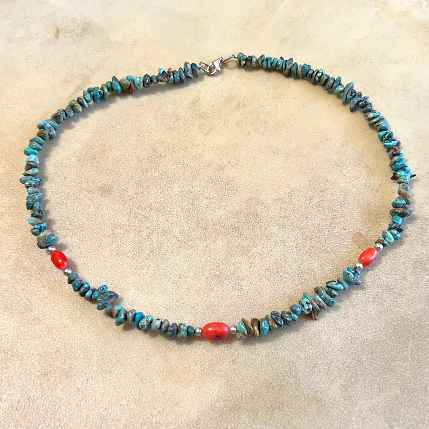 Turquoise Chip & Coral Vintage Beaded Sterling Silver Necklace