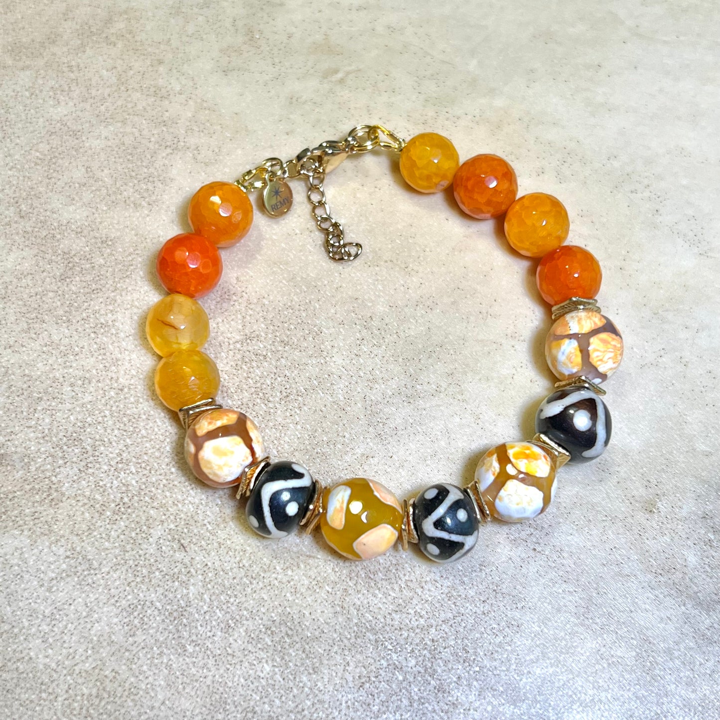Pumpkin Spice Orange Agate & Bone Gold Tone Handmade Bracelet