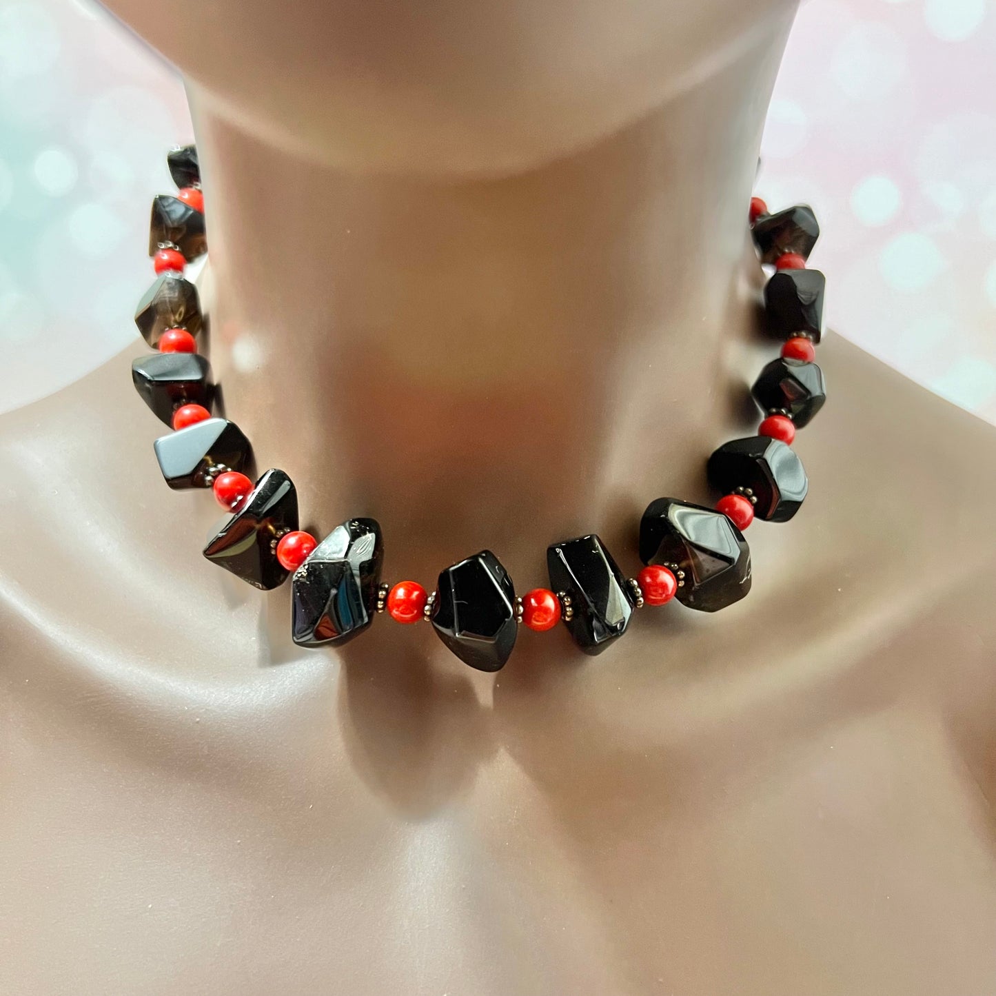 Smoky Quartz & Coral Sterling Silver Vintage Necklace