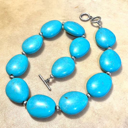 Magnesite Faux Turquoise Stone Vintage Beaded Necklace Stamped RIL
