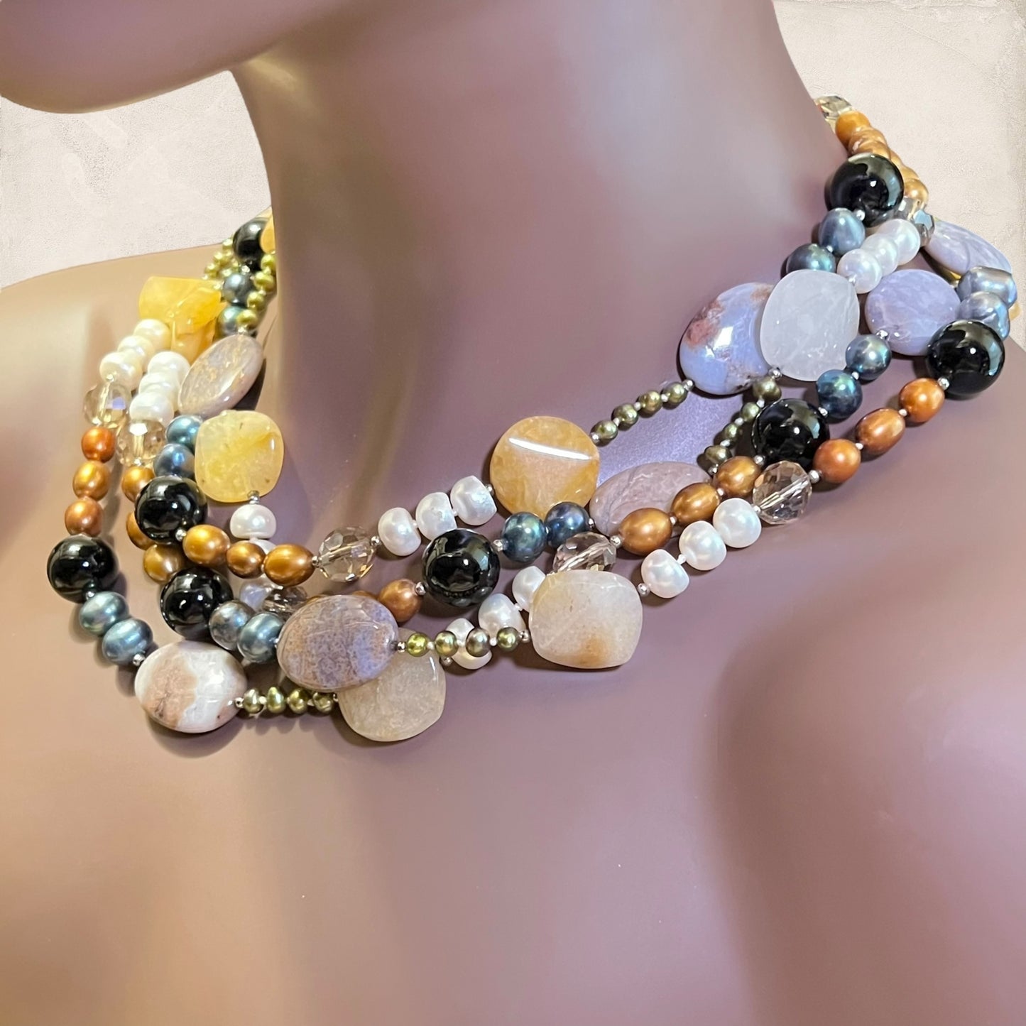 Vintage Colorful Pearl & Agate Gemstone Beaded Necklace with Sterling Silver Clasp