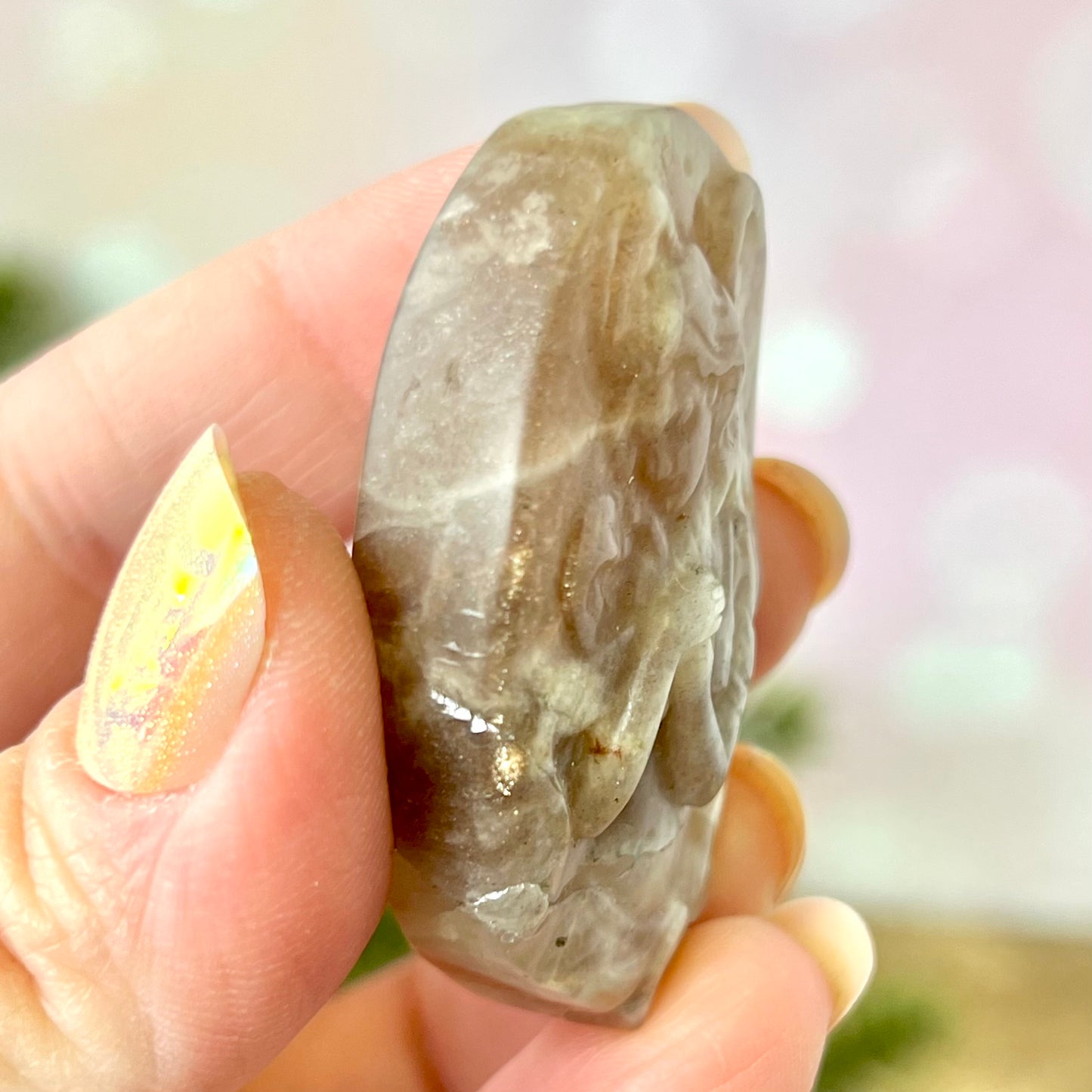 Angel Praying Belomorite Sunstone in Moonstone Carved Cabochon