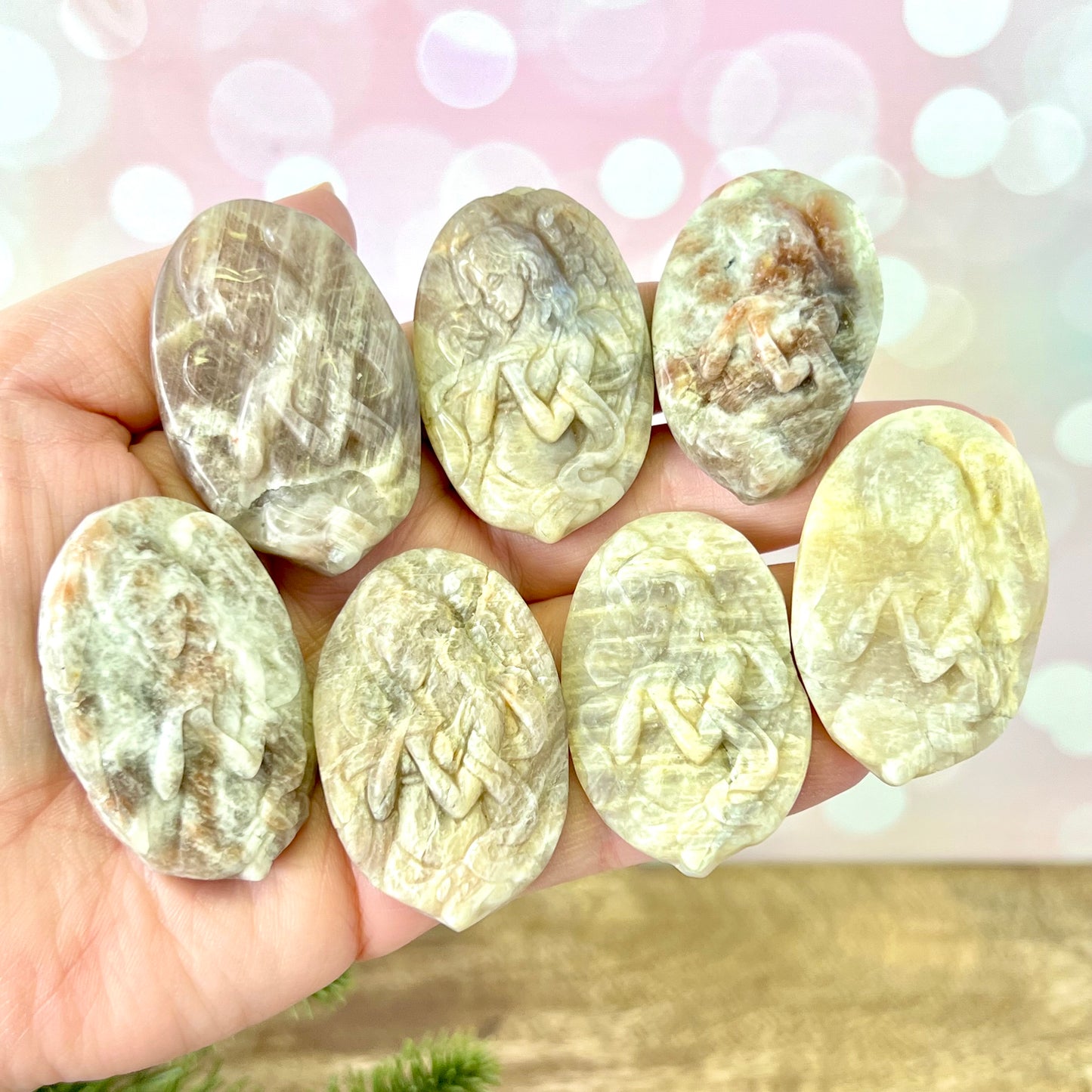 Angel Praying Belomorite Sunstone in Moonstone Carved Cabochon