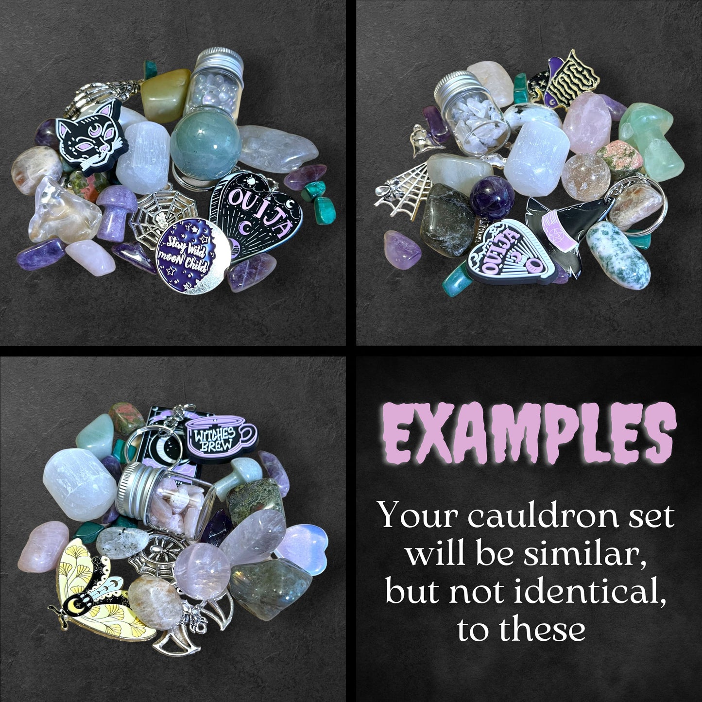 Mini Cauldron Stuffed with Tumbled Crystals & Witchy Halloween Goodies