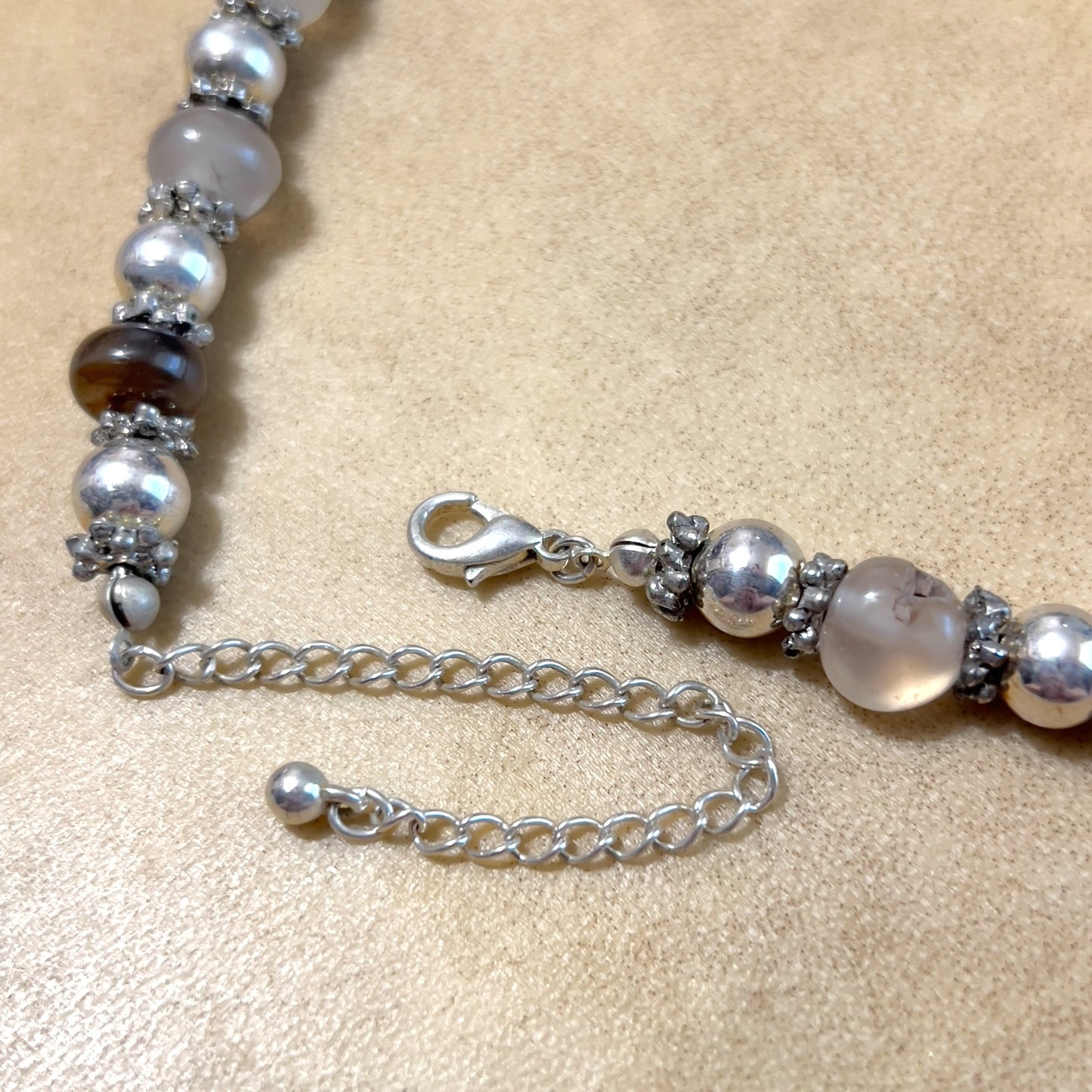 Vintage Carnelian & Agate Beaded Adjustable Silver Tone Necklace