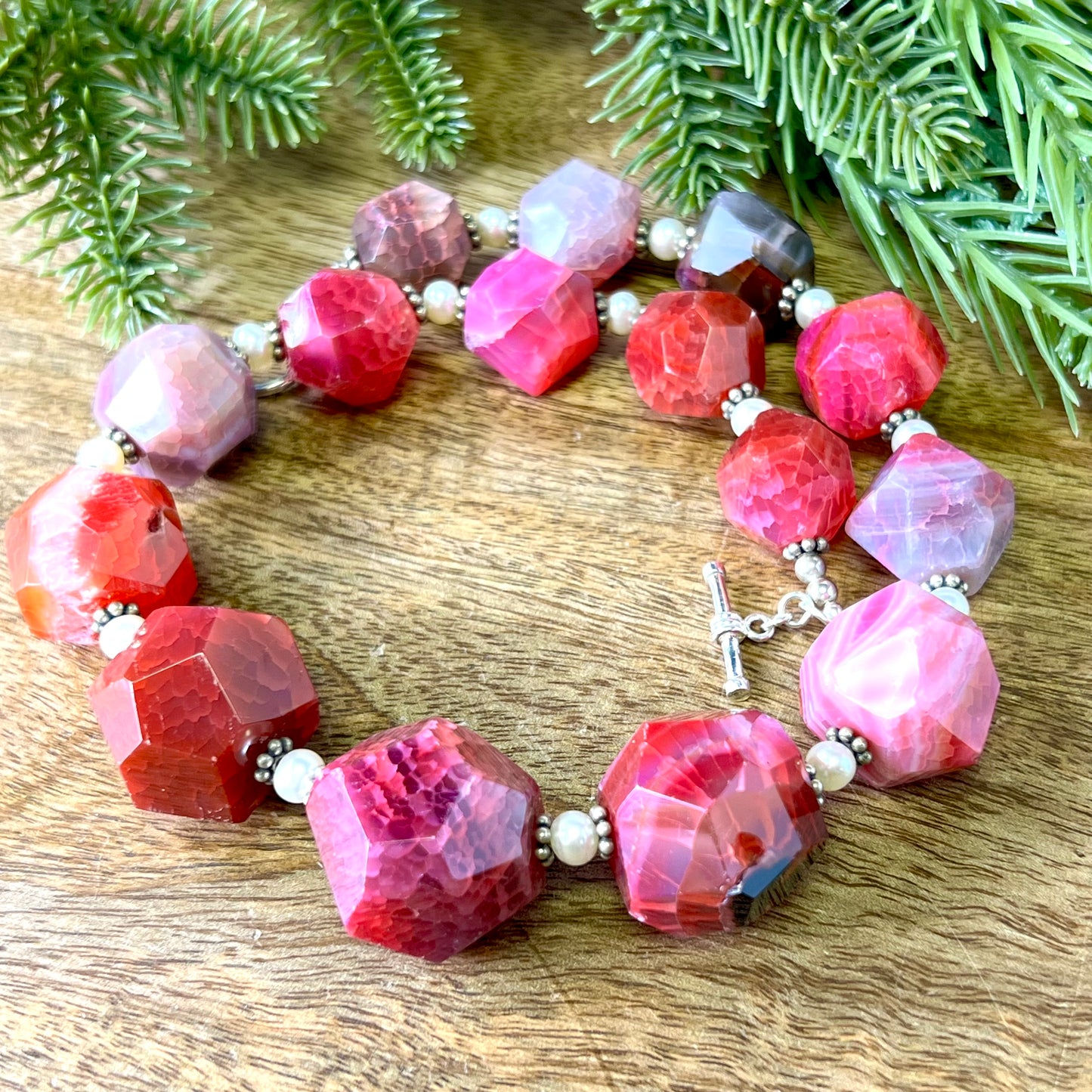 Vintage Magenta Dyed Agate Beaded Necklace with Sterling Silver Clasp by Lucoral