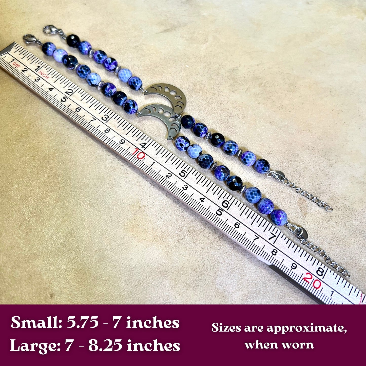 Witchy Crescent Moon Phase Black & Purple Agate Silver Tone Handmade Bracelet