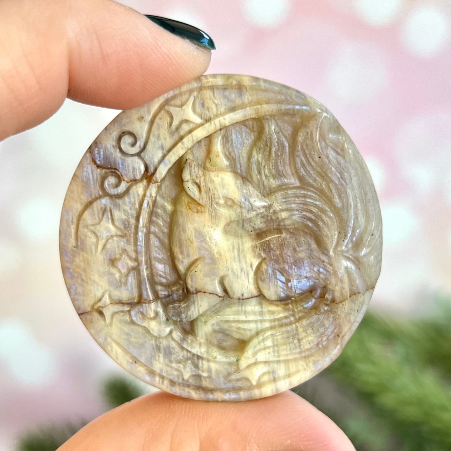Kitsune Nine Tailed Fox on Celtic Crescent Moon Crystal Carved Cabochon