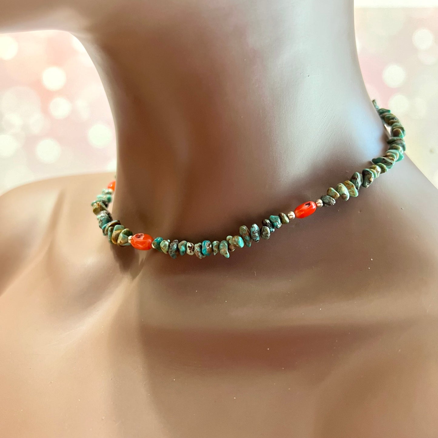 Turquoise Chip & Coral Vintage Beaded Sterling Silver Necklace
