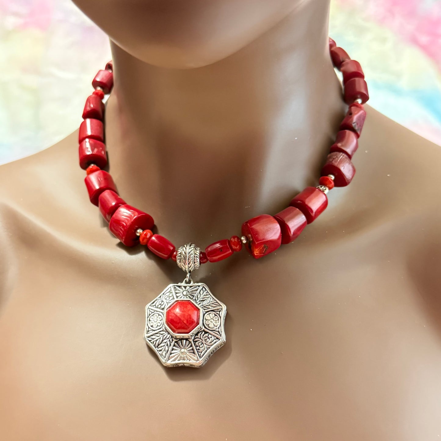 Barse Chunky Red Coral & Silver Tone Necklace - Vintage