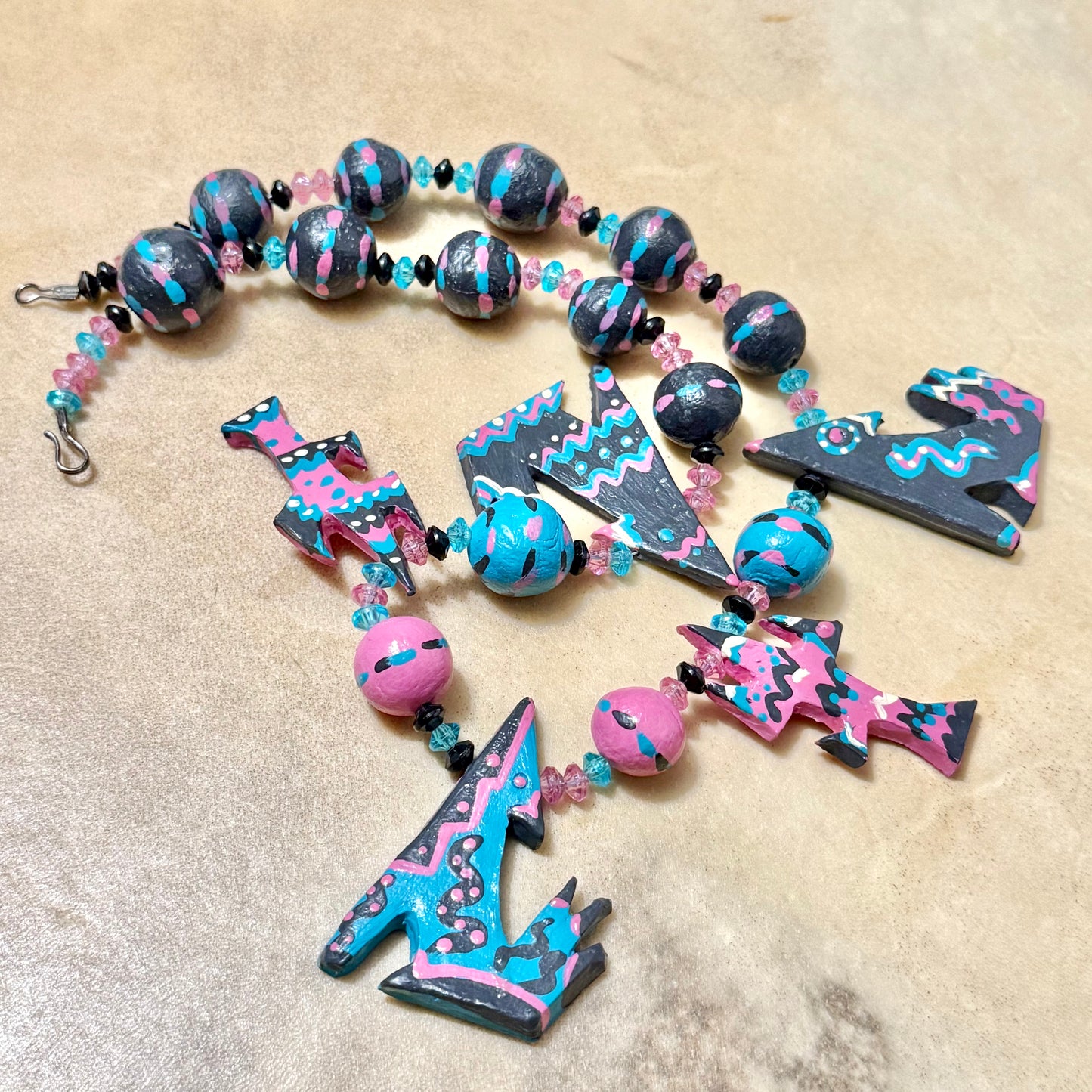 Hand Painted Coyote & Cactus Vintage Clay Southwestern Necklace