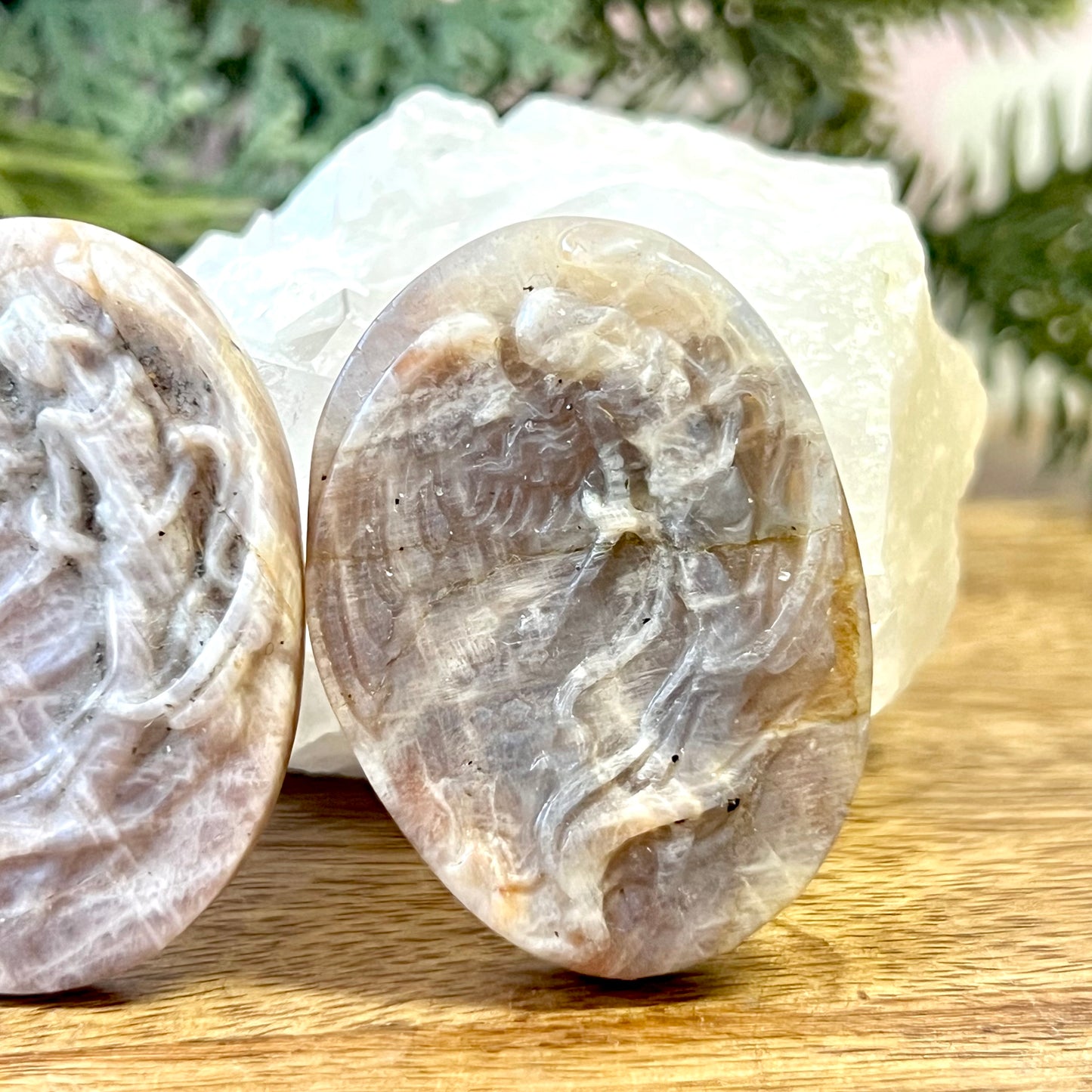 Angel In Flight Belomorite Sunstone in Moonstone Crystal Carved Cabochon