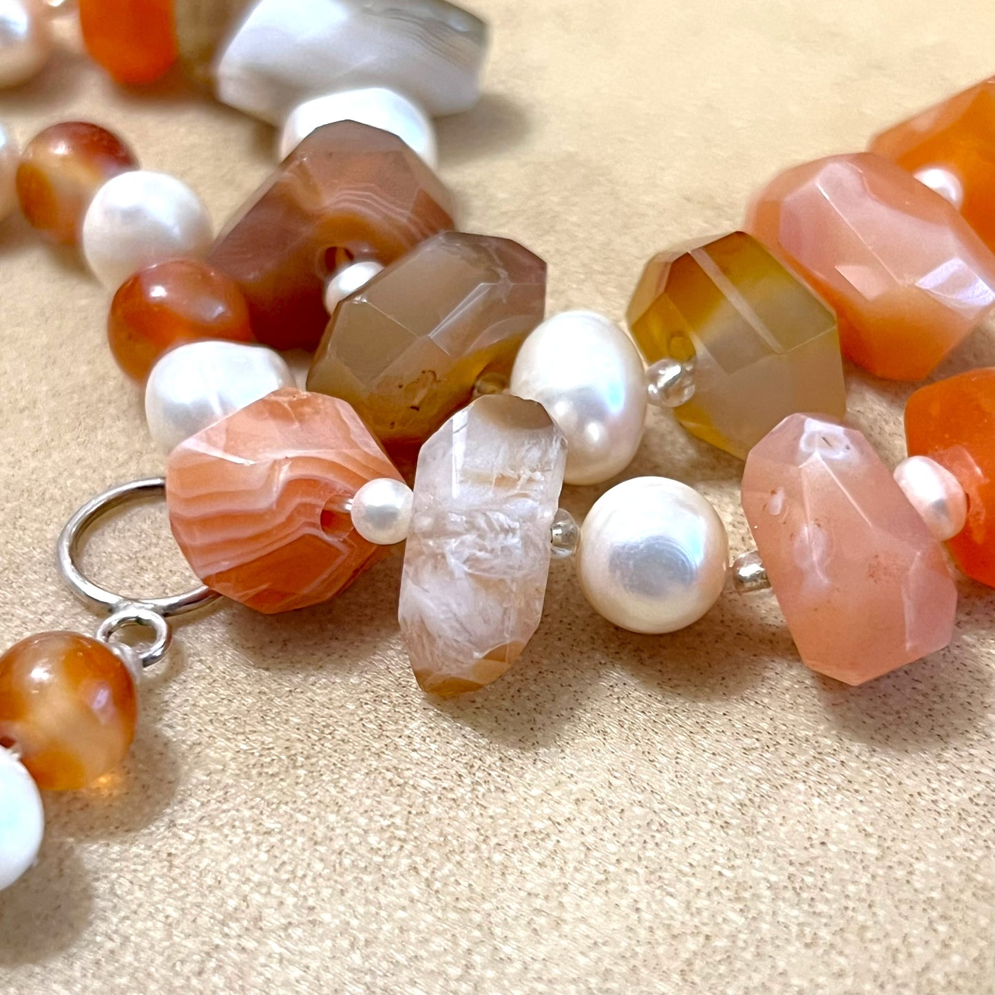 Carnelian, Agate, & Pearl Vintage 925 Sterling Silver Necklace