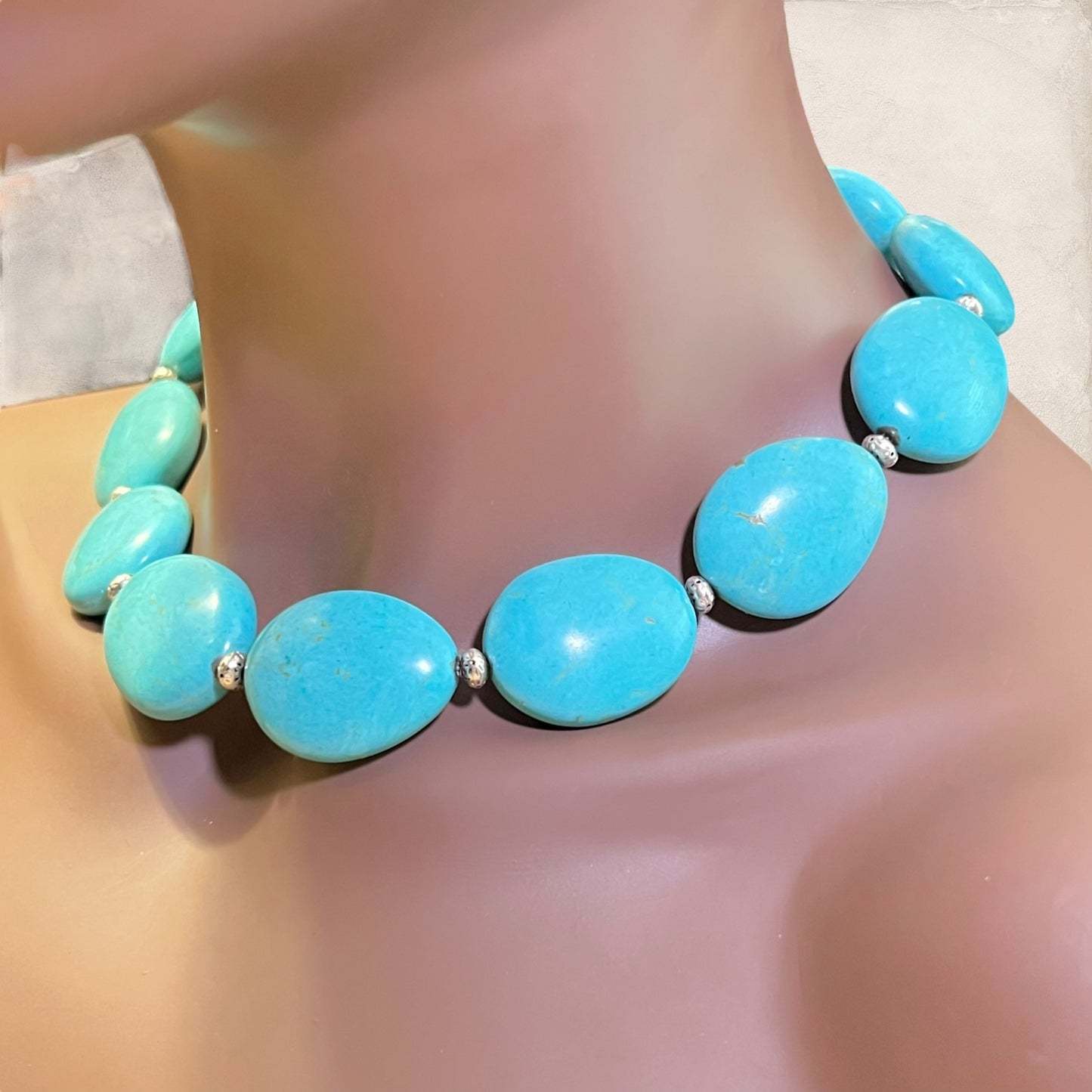 Magnesite Faux Turquoise Stone Vintage Beaded Necklace Stamped RIL