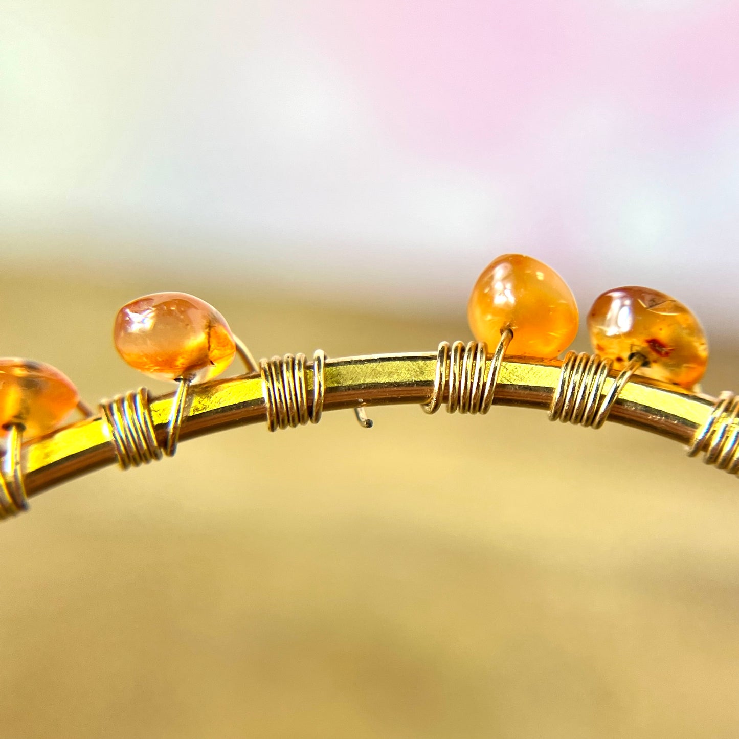 Vintage Bracelet Stack of 4 Gold Tone Bangles including Green Aventurine, Carnelian, and Evil Eye