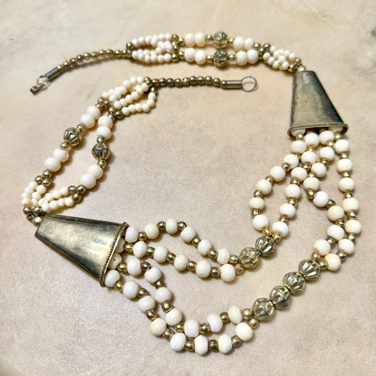 Vintage Bovine Bone & Brass Multi Strand Beaded Necklace