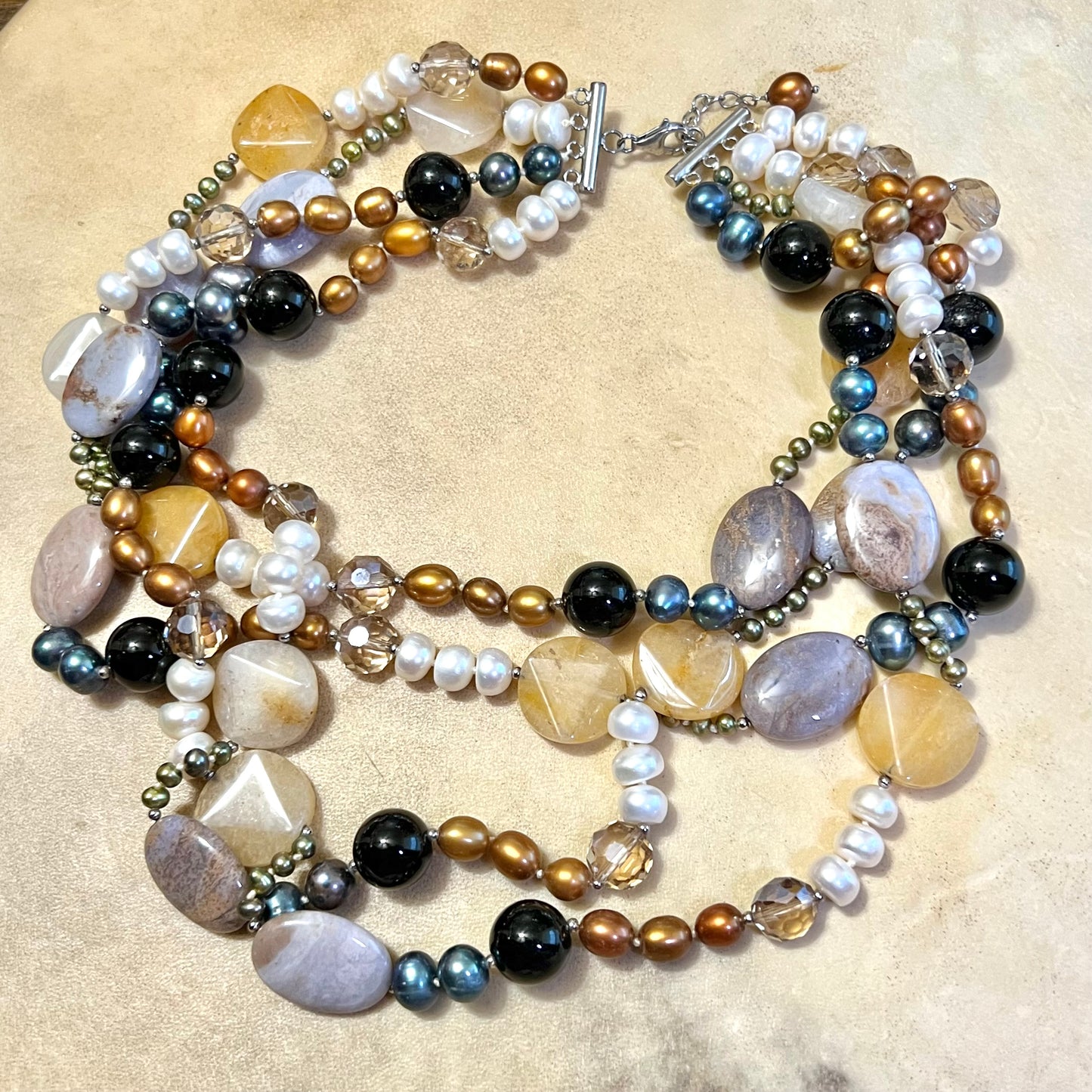 Vintage Colorful Pearl & Agate Gemstone Beaded Necklace with Sterling Silver Clasp