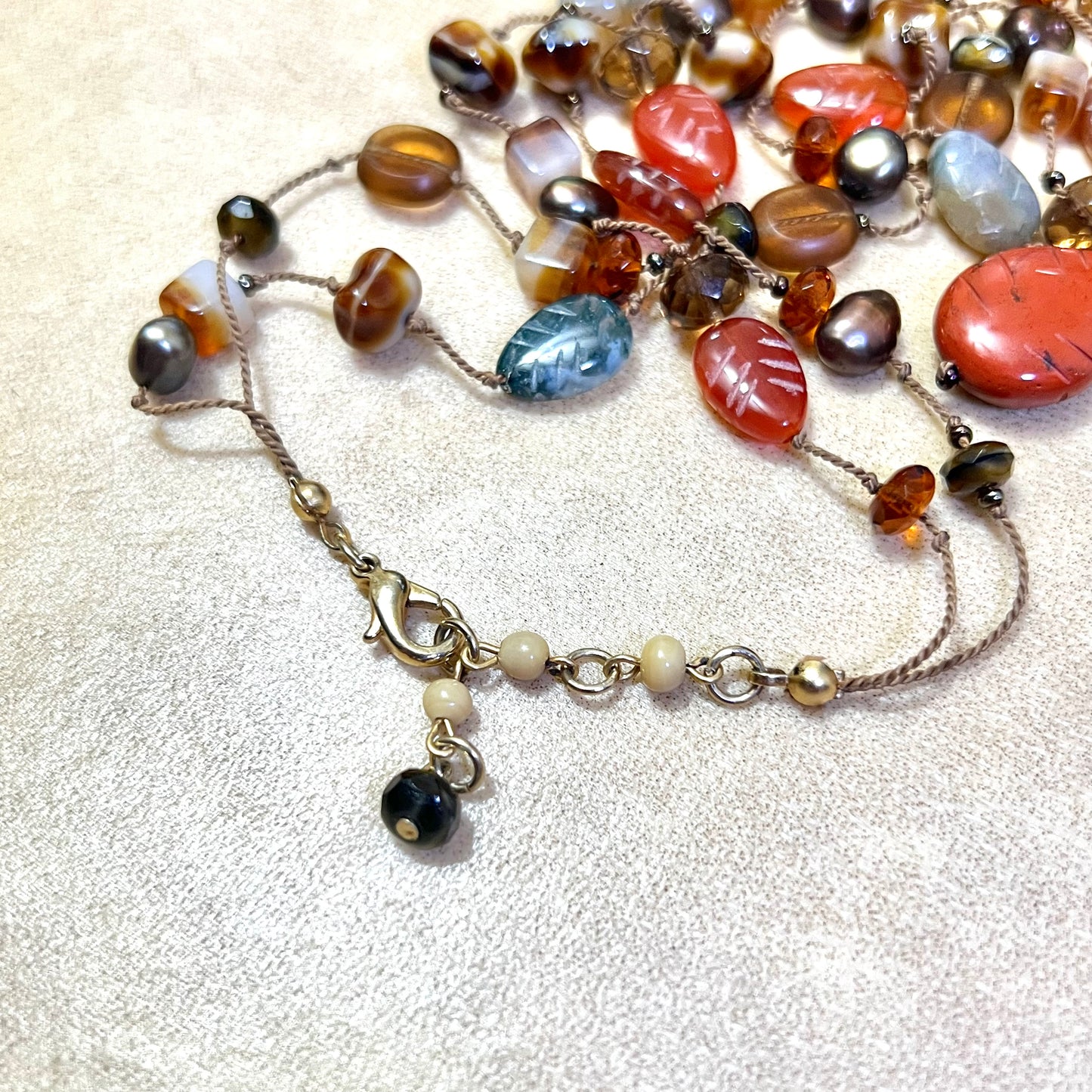 Red Jasper Carved Leaf Vintage Beaded Necklace