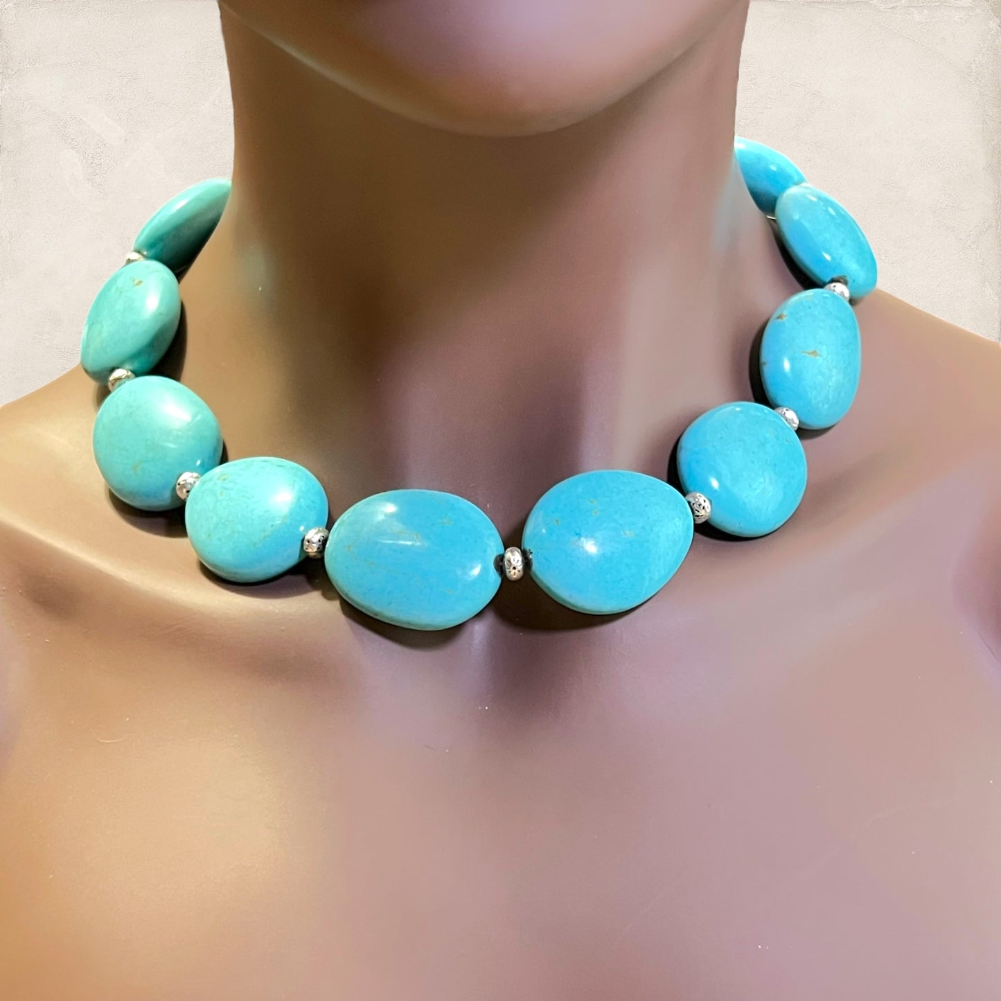 Magnesite Faux Turquoise Stone Vintage Beaded Necklace Stamped RIL
