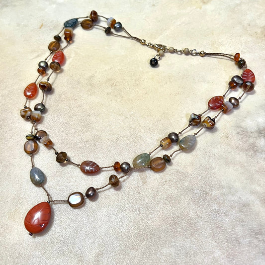 Red Jasper Carved Leaf Vintage Beaded Necklace