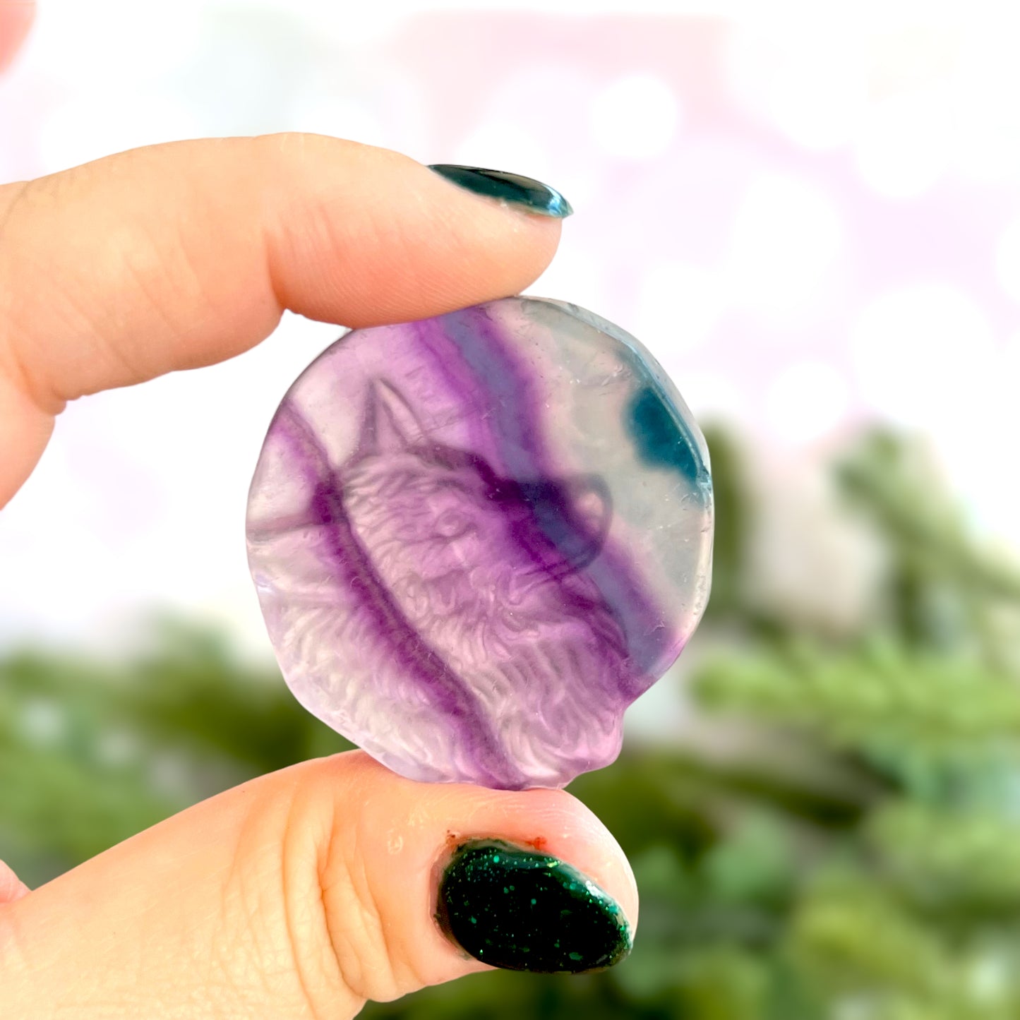 Purple Fluorite Wolf & Full Moon Carved Crystal Cabochon