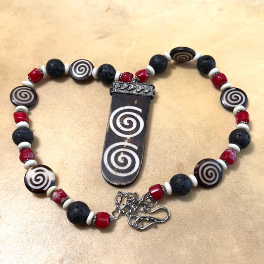 Lava Stone & Bamboo Coral Wooden Vintage Necklace