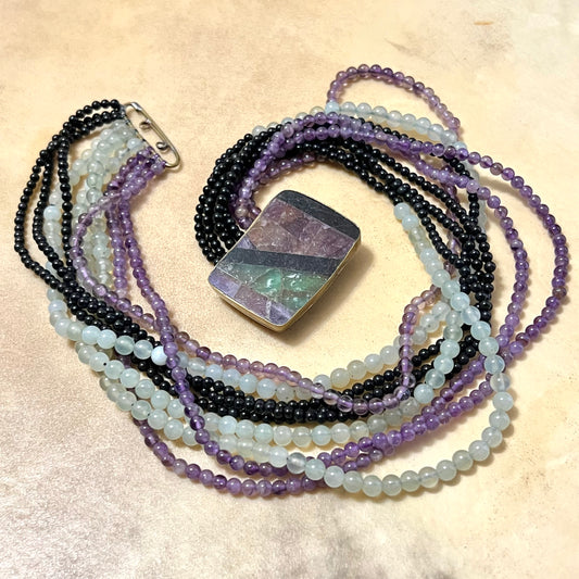 Vintage Karen Sebiri Choker Necklace - Amethyst, Fluorite, Obsidian