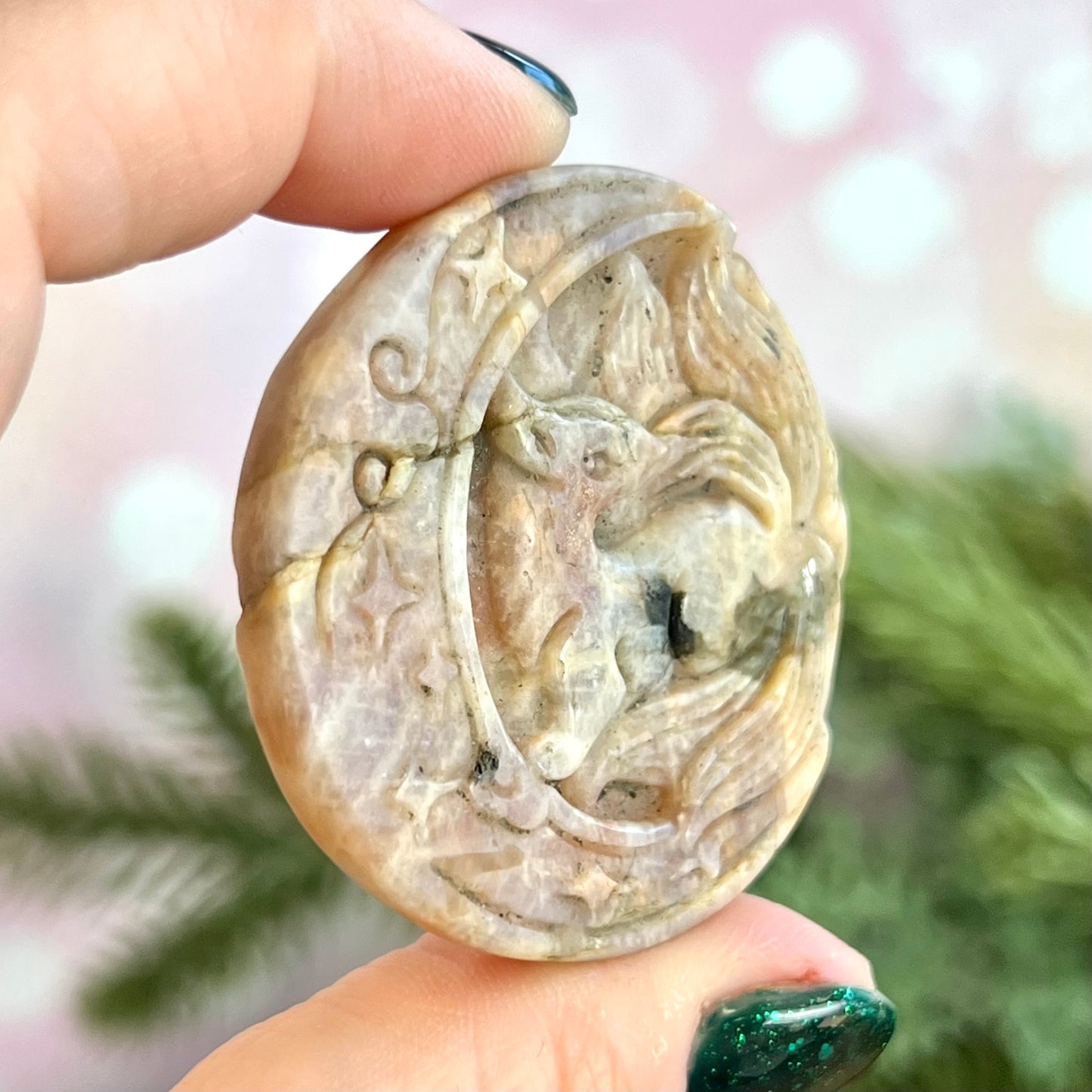 Kitsune Nine Tailed Fox on Celtic Crescent Moon Crystal Carved Cabochon