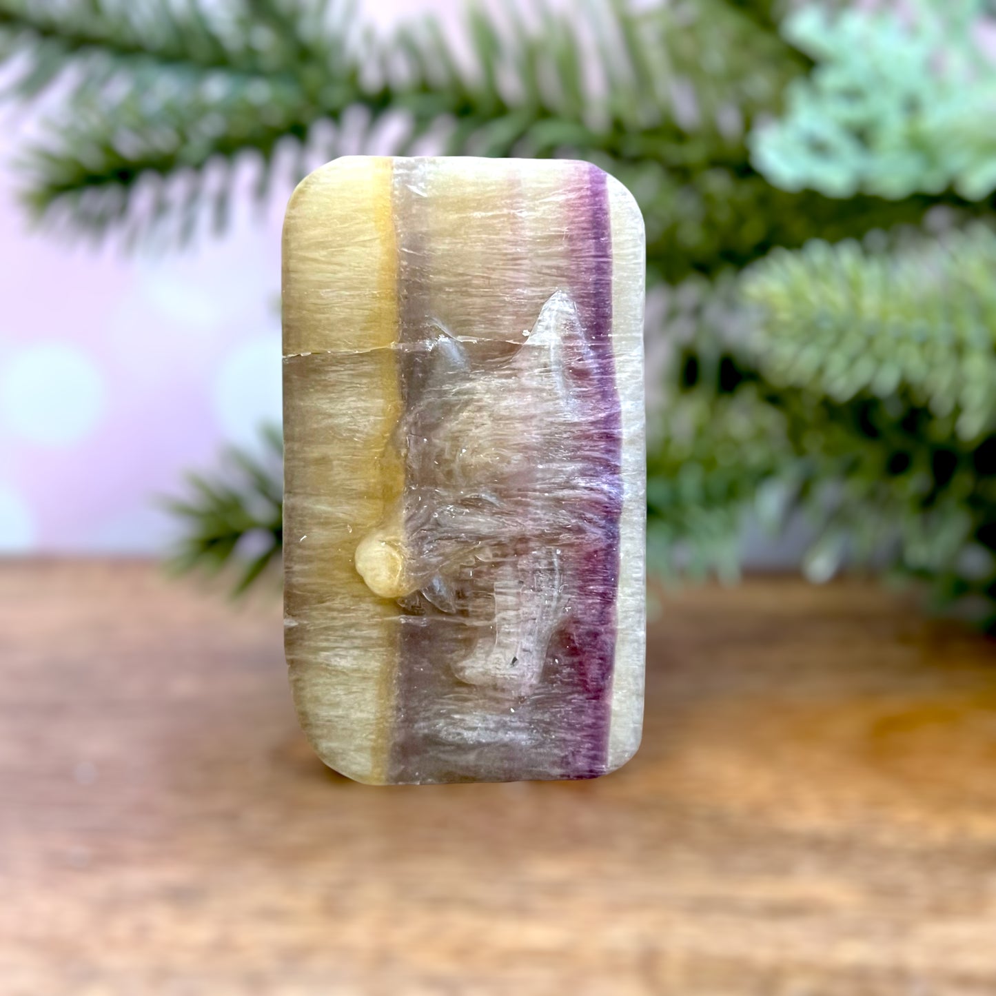 Yellow Fluorite Wolf Rectangle Carved Crystal Cabocho