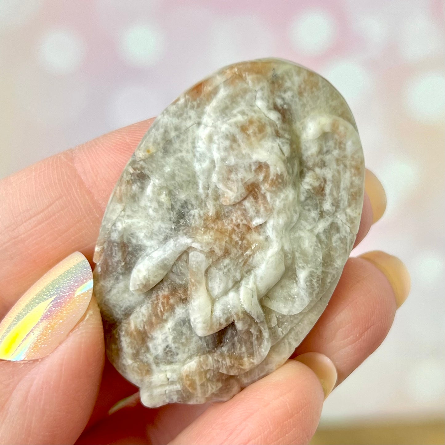 Angel Praying Belomorite Sunstone in Moonstone Carved Cabochon