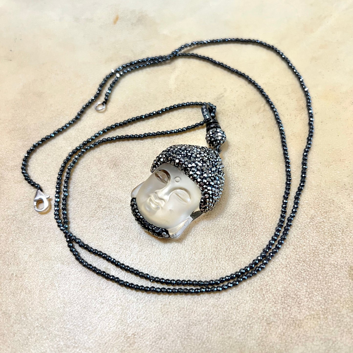 Clear Buddha Head Pave Pendant on Beaded Cord with Sterling Silver Clasp
