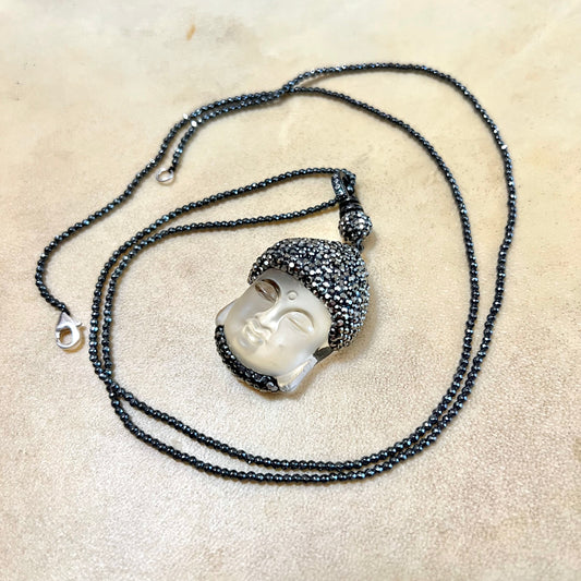 Clear Buddha Head Pave Pendant on Beaded Cord with Sterling Silver Clasp